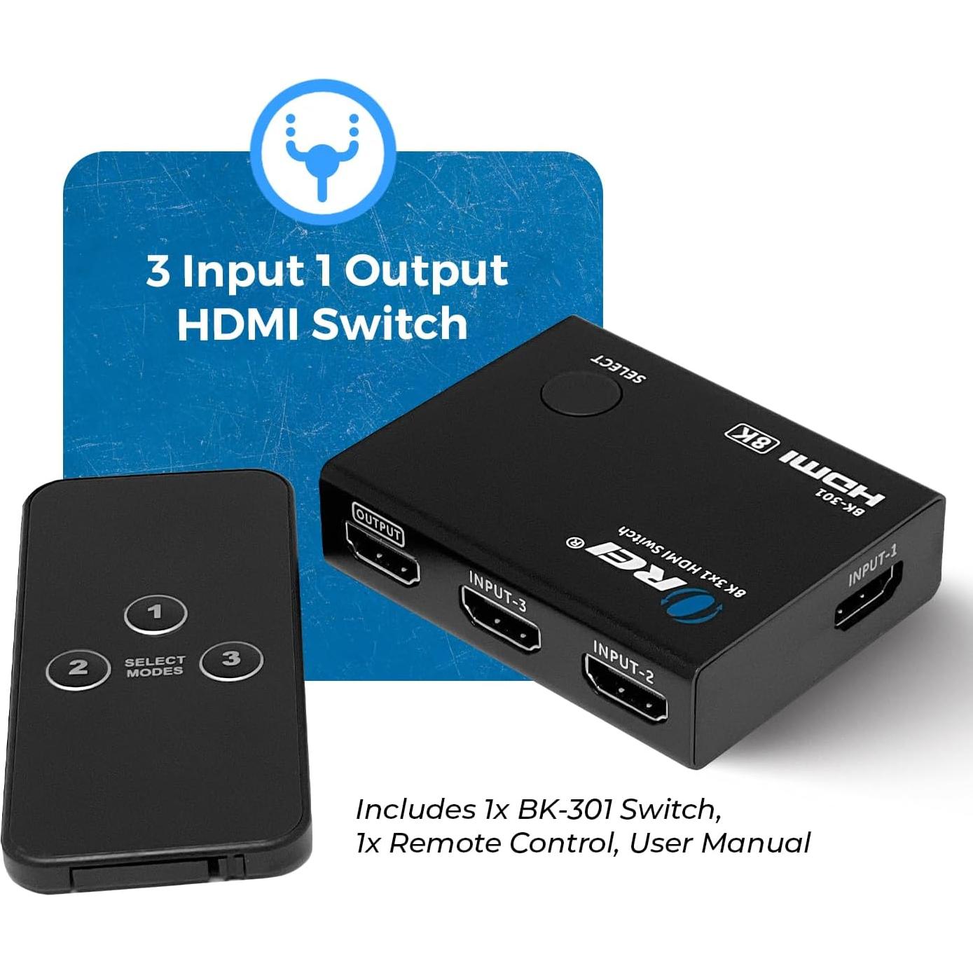 Interruptor HDMI 8K OREI BK-301 3x1 con Control Remoto 48Gbps