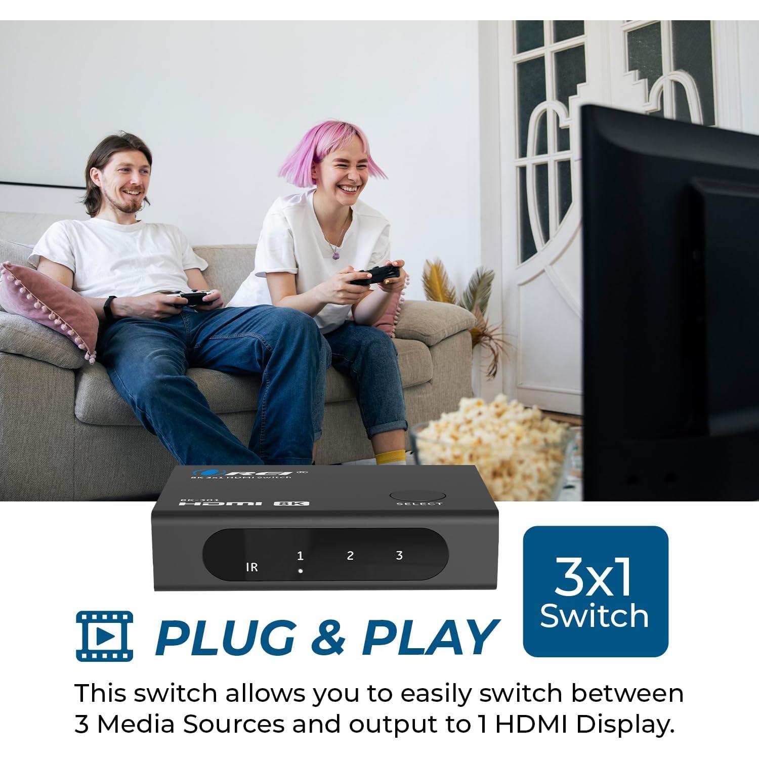 Interruptor HDMI 8K OREI BK-301 3x1 con Control Remoto 48Gbps