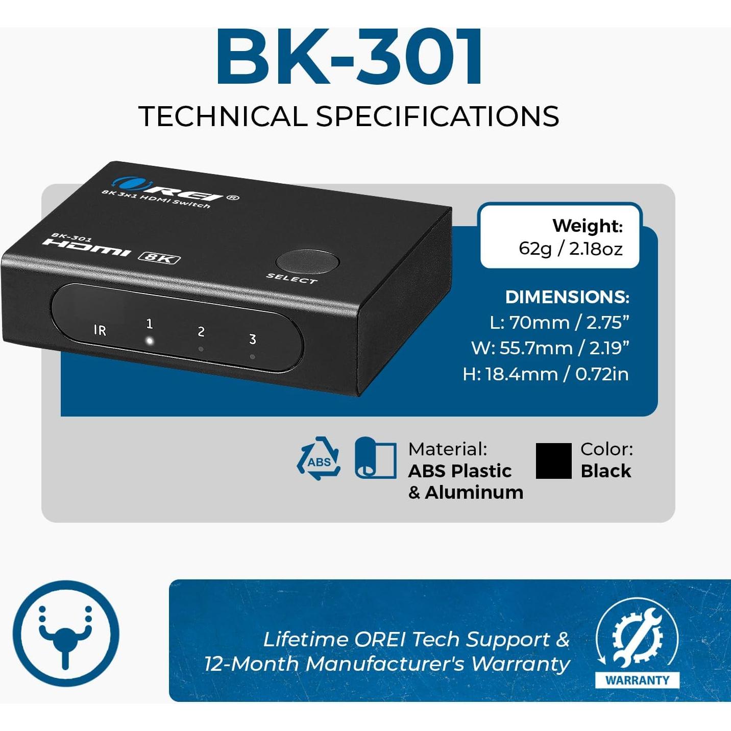 Interruptor HDMI 8K OREI BK-301 3x1 con Control Remoto 48Gbps