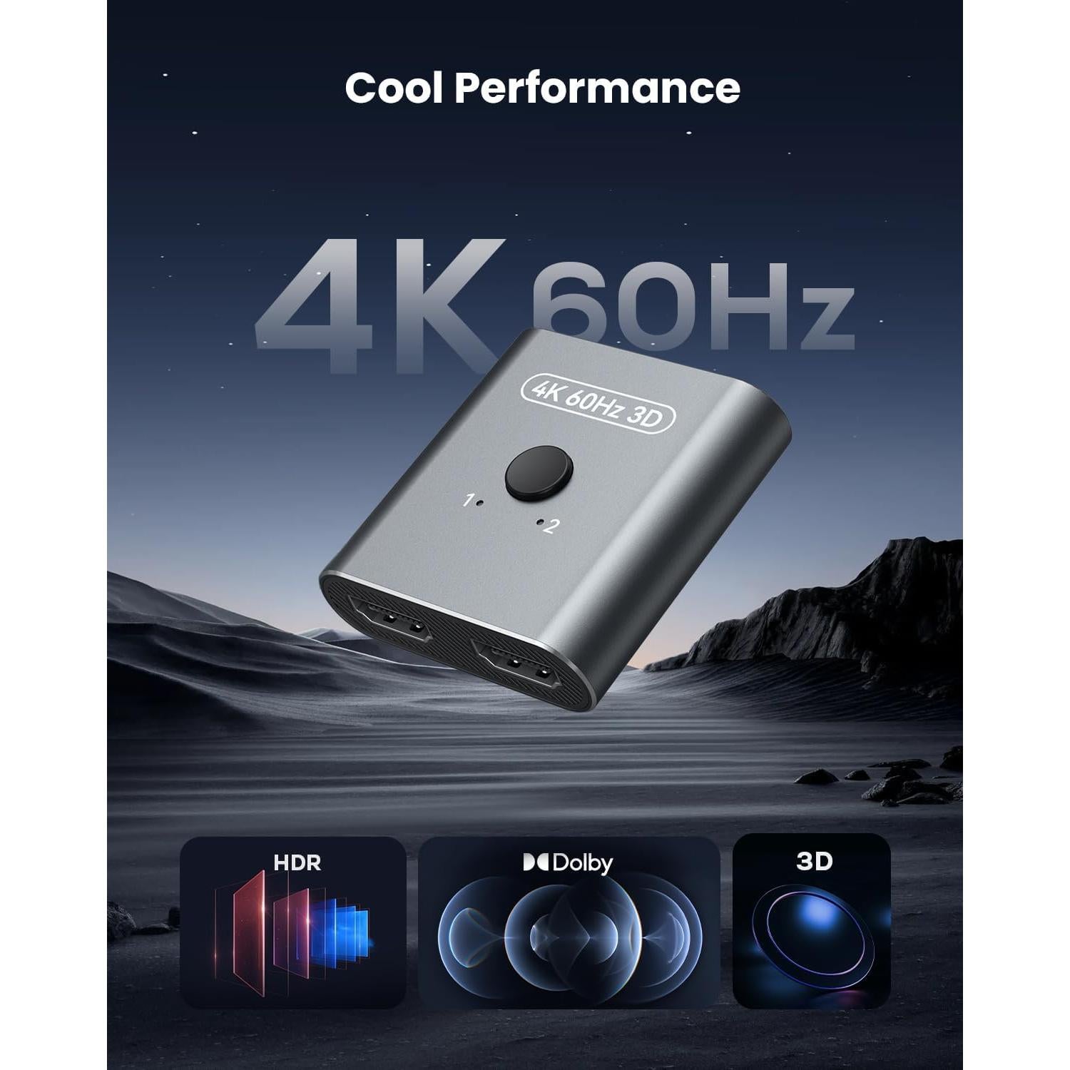 Interruptor HDMI 4K 60Hz Vilcome, Divisor Bidireccional 2 en 1