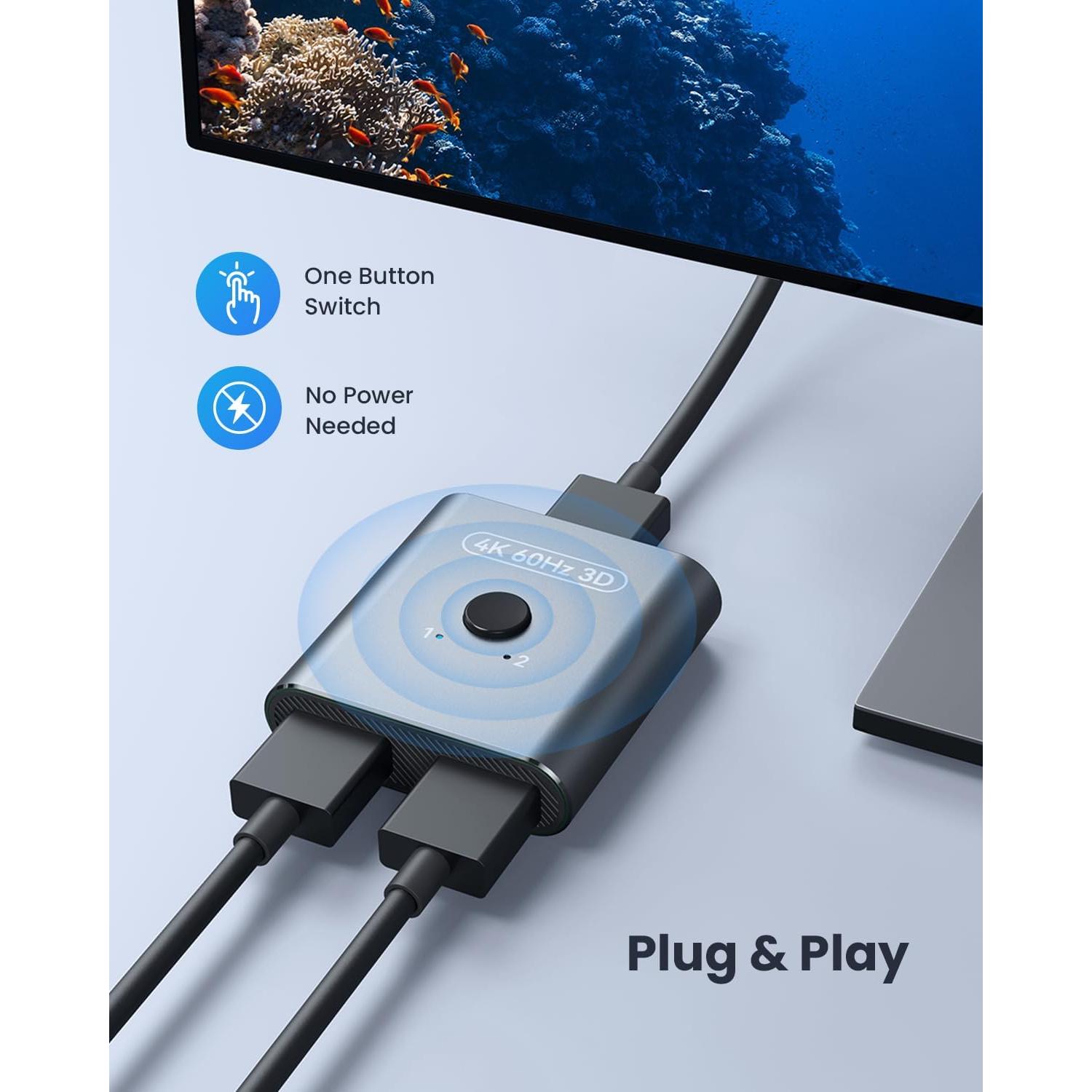 Interruptor HDMI 4K 60Hz Vilcome, Divisor Bidireccional 2 en 1