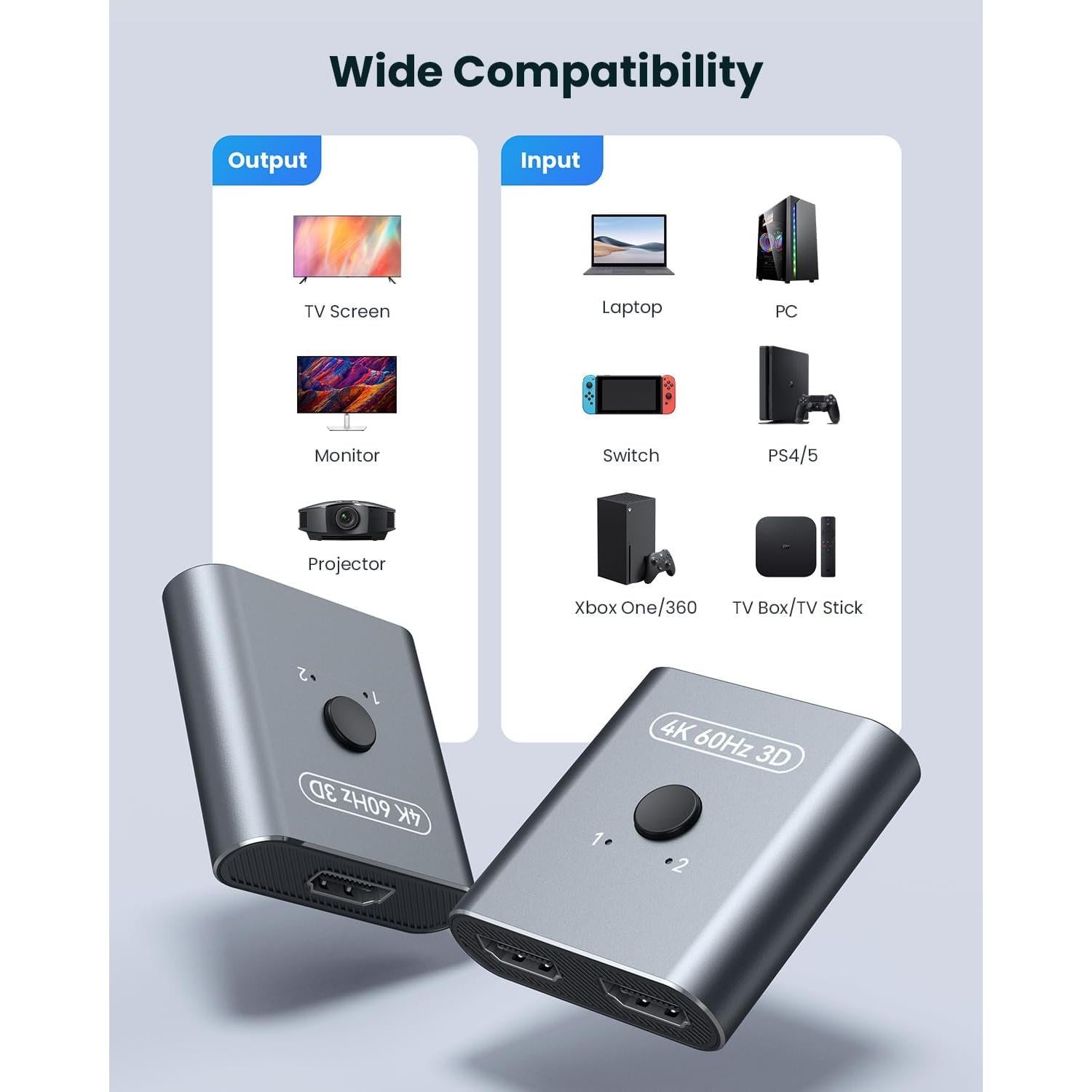 Interruptor HDMI 4K 60Hz Vilcome, Divisor Bidireccional 2 en 1