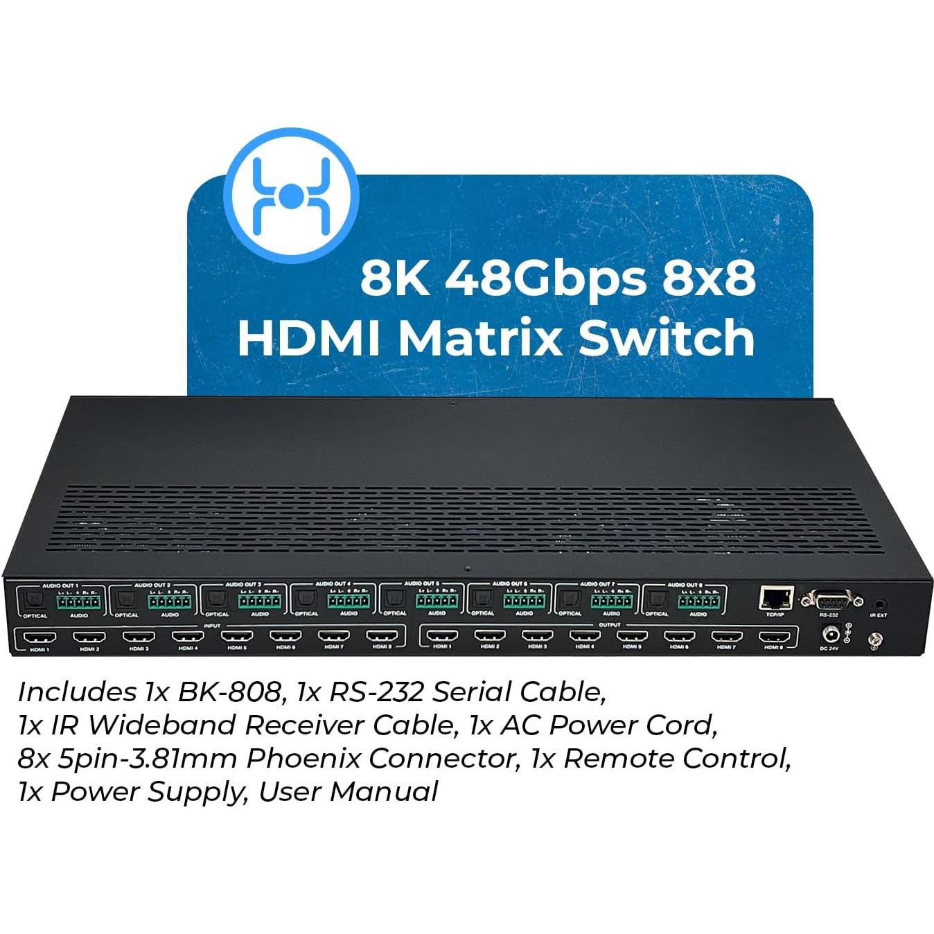 Interruptor HDMI Matriz 8K OREI BK-808 8x8 con Extractor de Audio