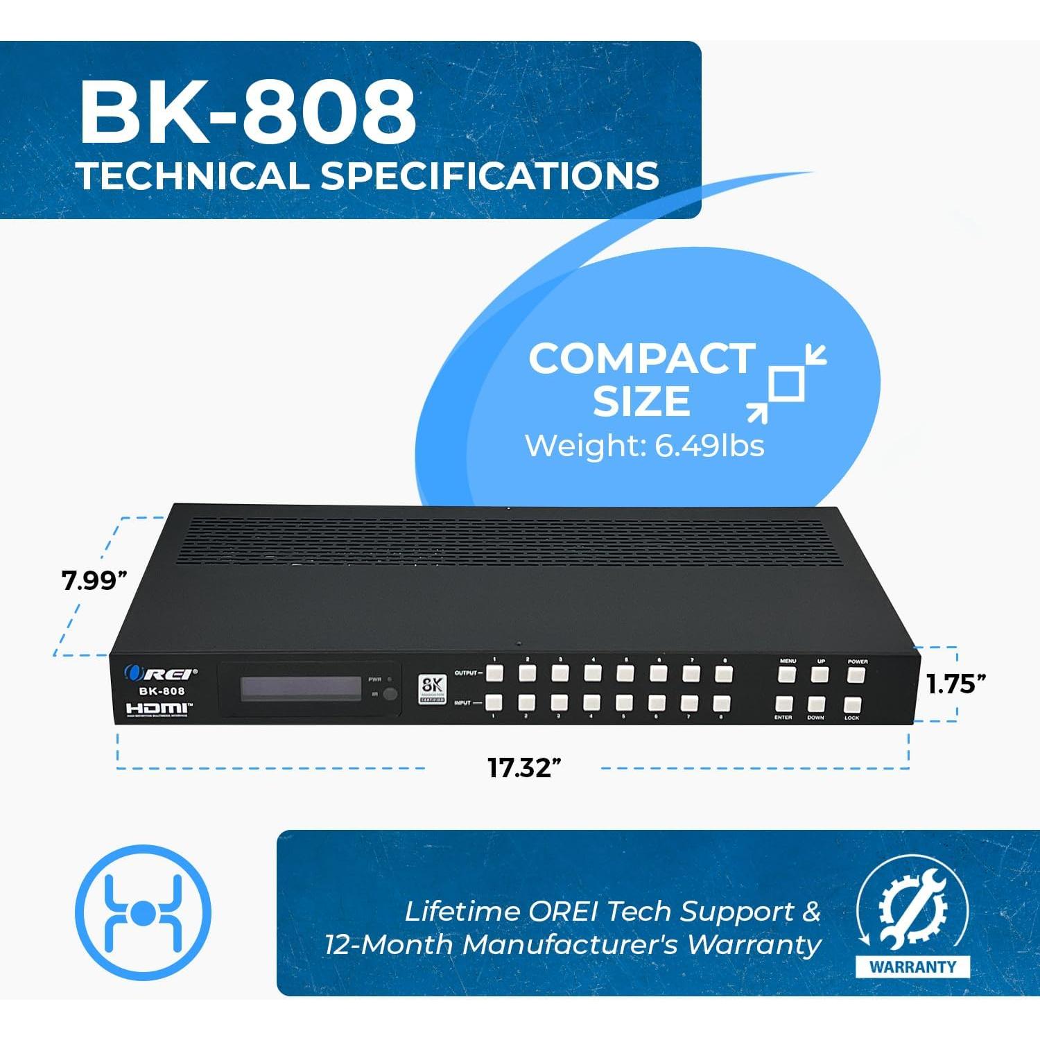 Interruptor HDMI Matriz 8K OREI BK-808 8x8 con Extractor de Audio