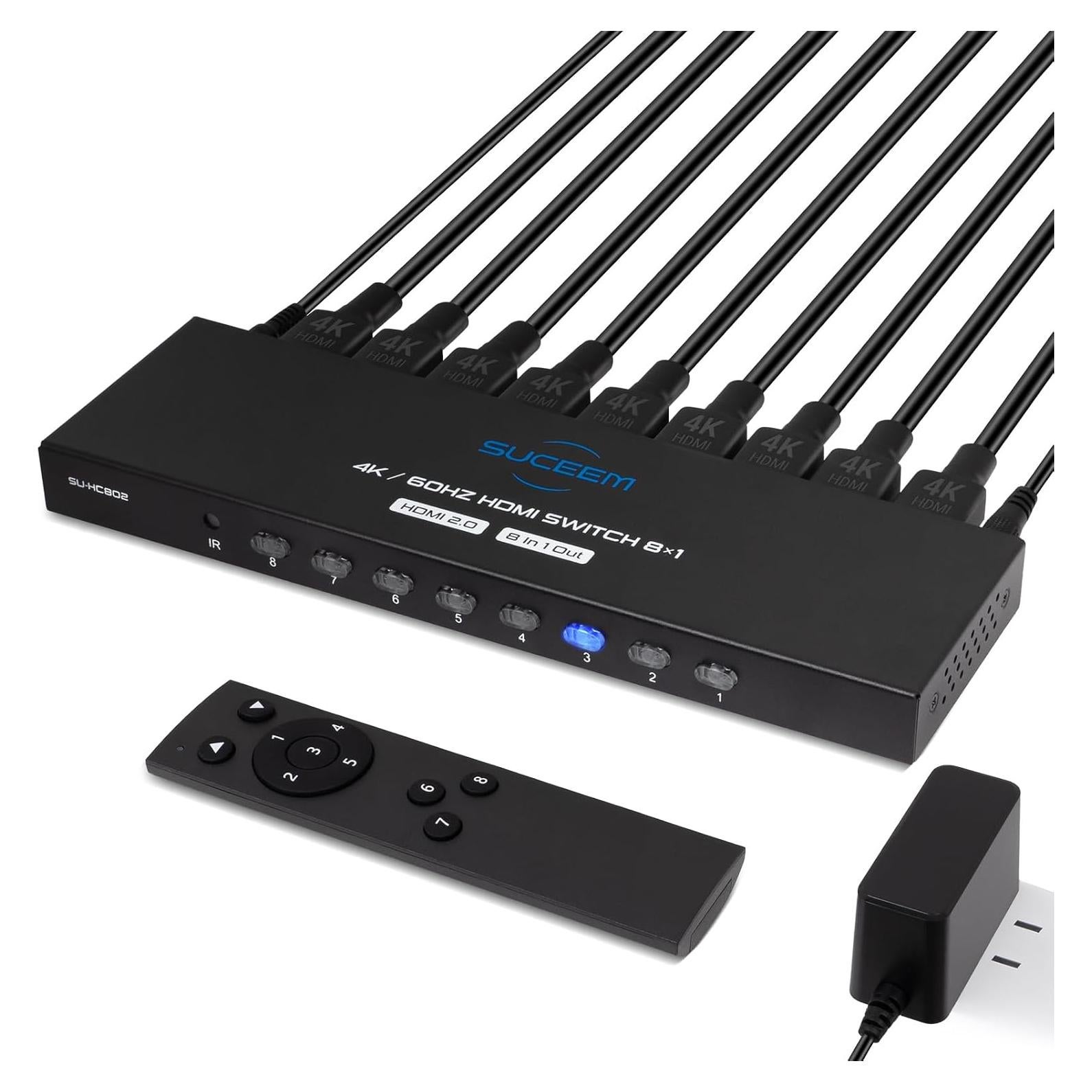 Conmutador HDMI 8 en 1 Suceem 4K 60Hz con Control Remoto