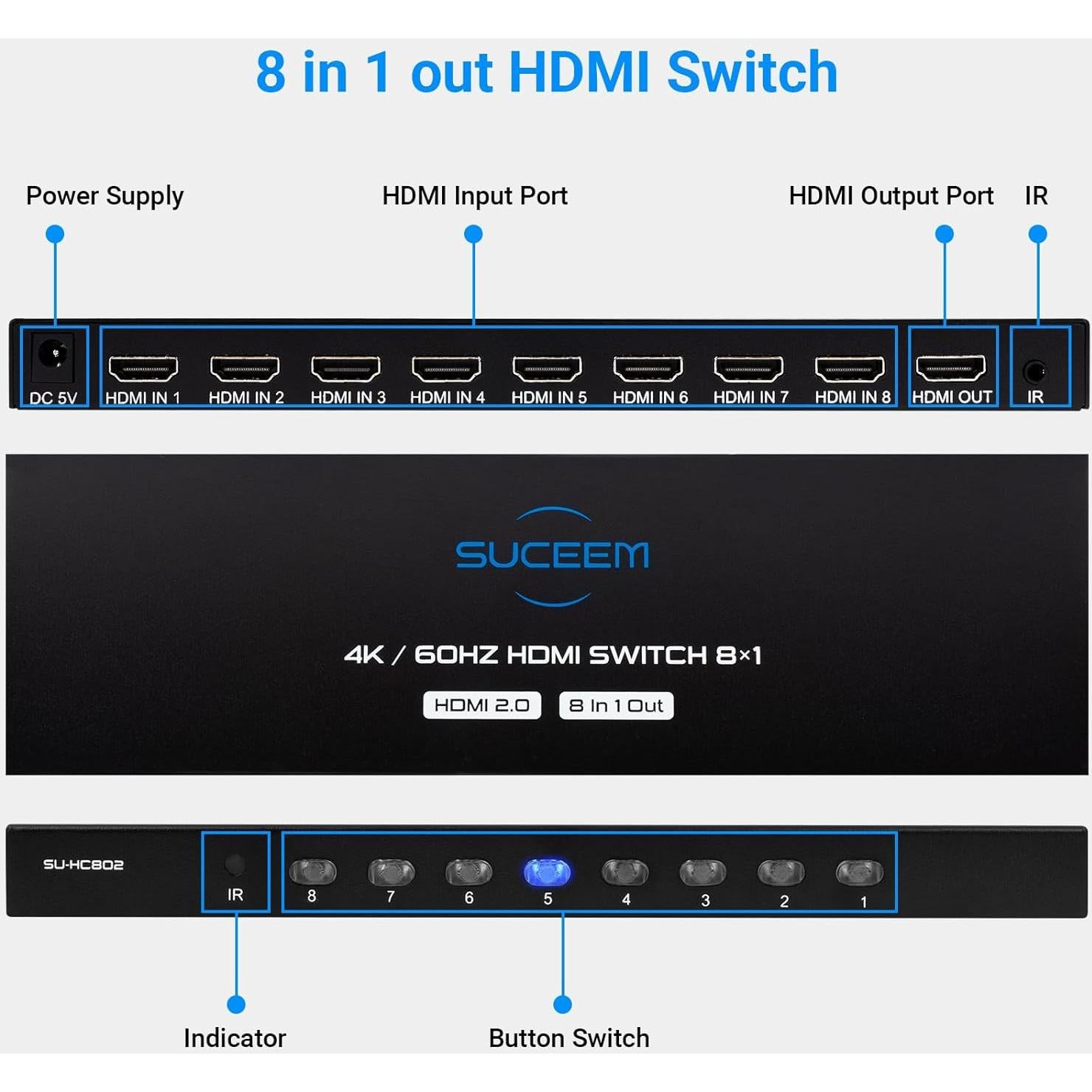 Conmutador HDMI 8 en 1 Suceem 4K 60Hz con Control Remoto