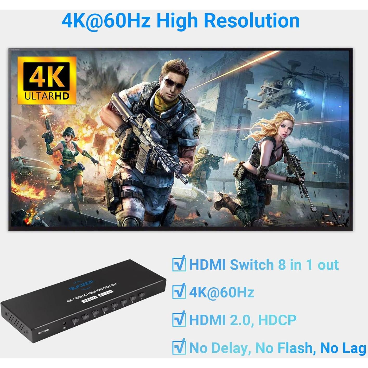 Conmutador HDMI 8 en 1 Suceem 4K 60Hz con Control Remoto