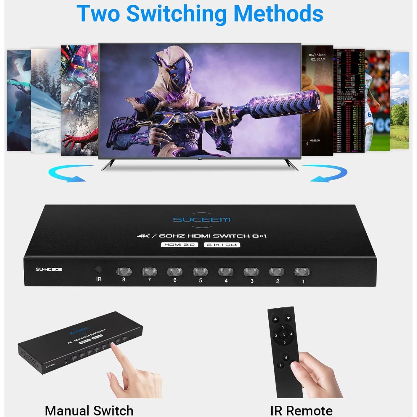 Conmutador HDMI 8 en 1 Suceem 4K 60Hz con Control Remoto