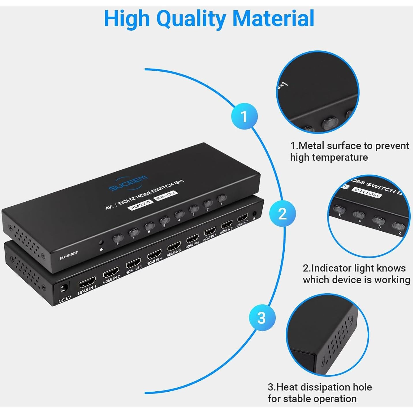 Conmutador HDMI 8 en 1 Suceem 4K 60Hz con Control Remoto