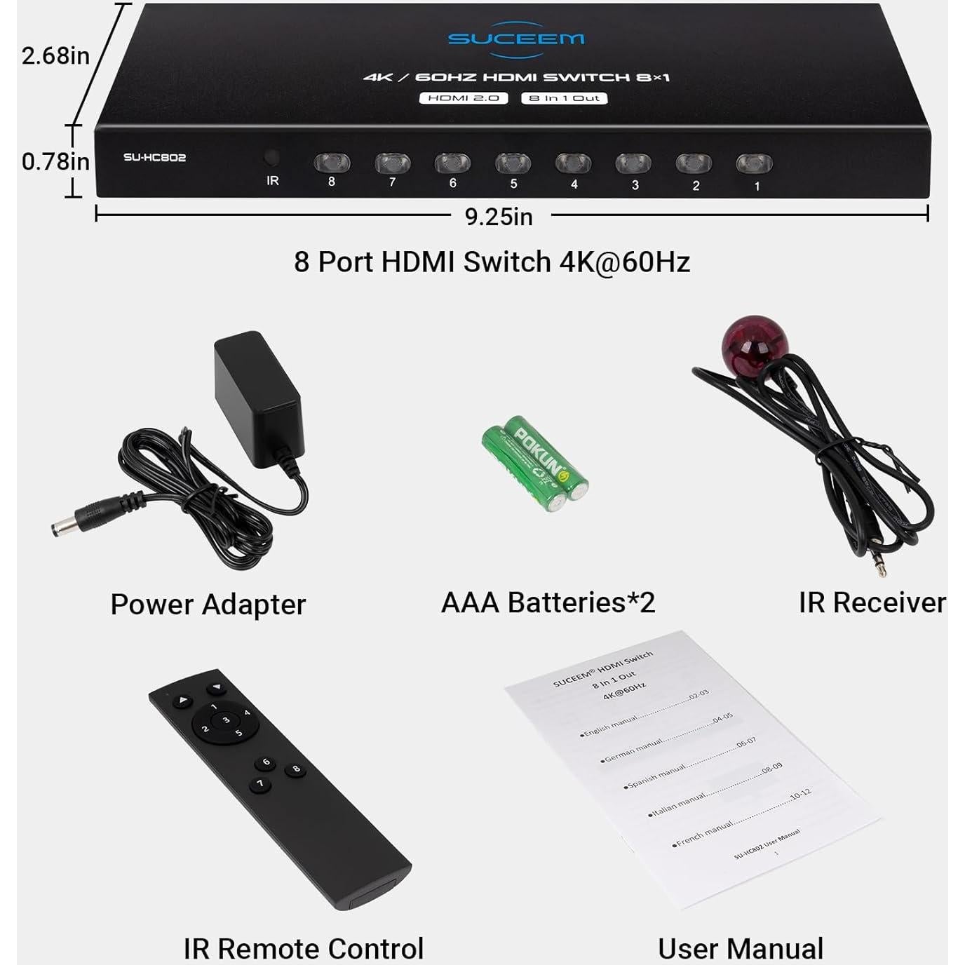 Conmutador HDMI 8 en 1 Suceem 4K 60Hz con Control Remoto