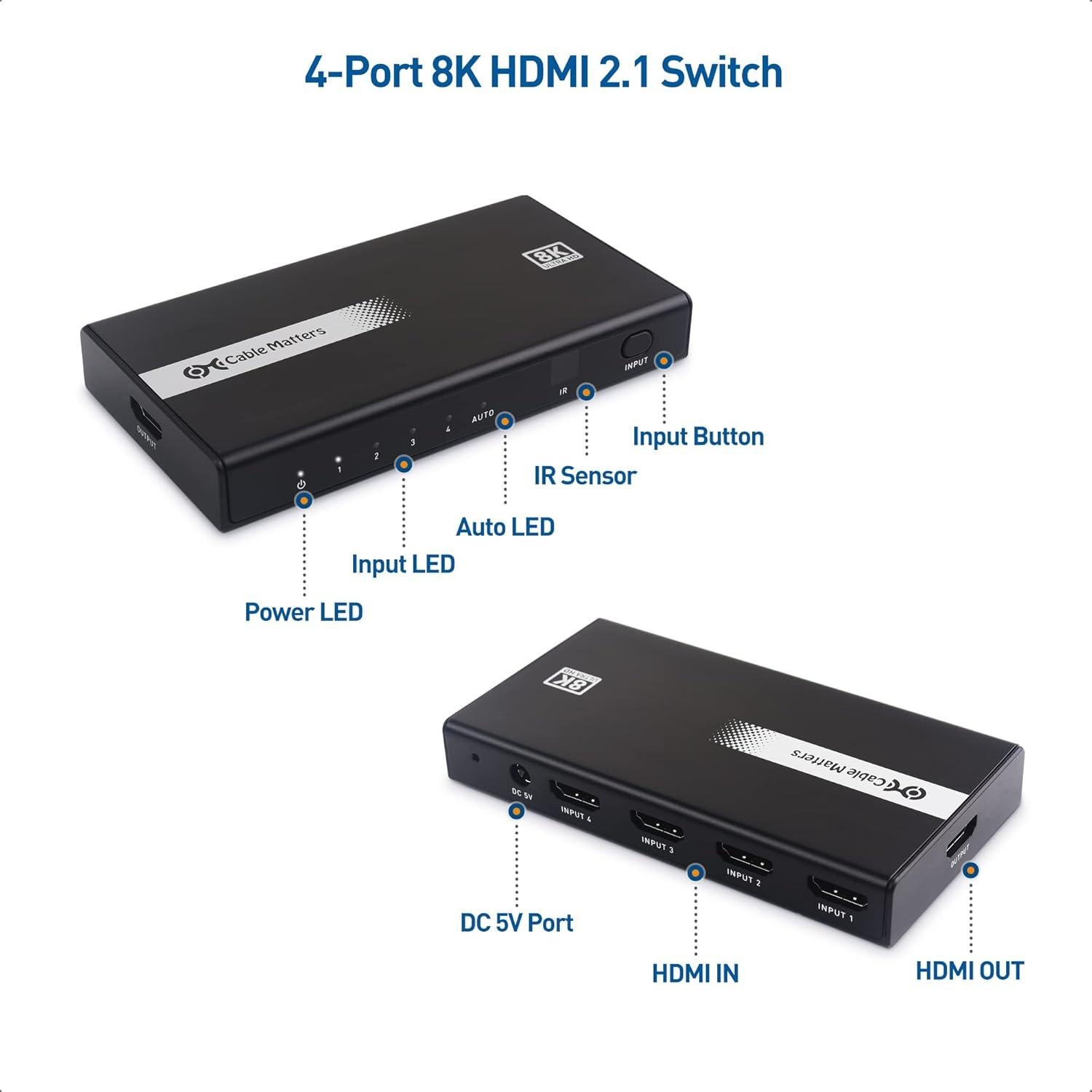 Interruptor HDMI 2.1 4 Puertos Cable Matters 48Gbps 4K 120Hz