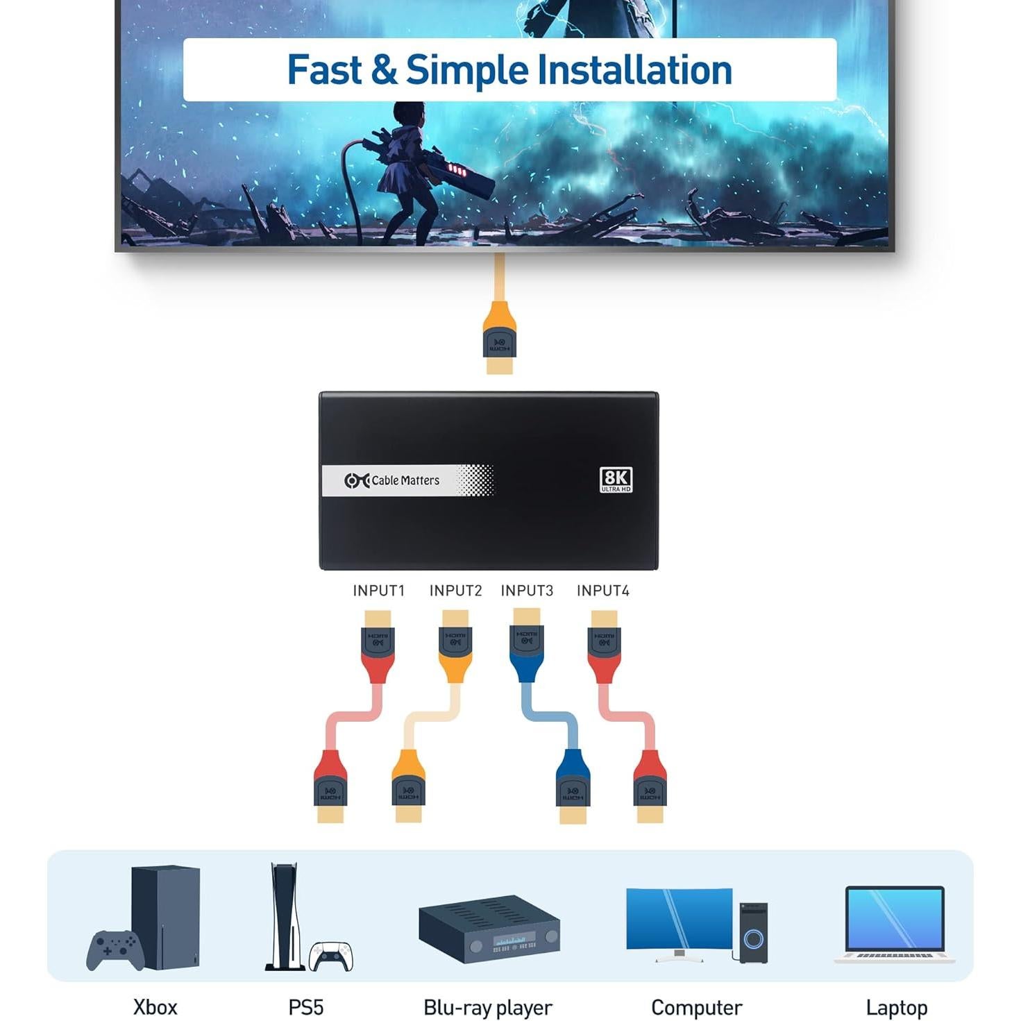Interruptor HDMI 2.1 4 Puertos Cable Matters 48Gbps 4K 120Hz