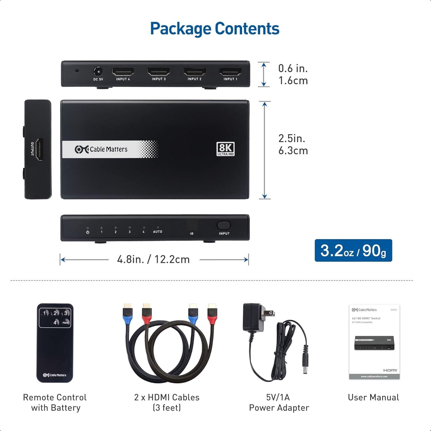 Interruptor HDMI 2.1 4 Puertos Cable Matters 48Gbps 4K 120Hz