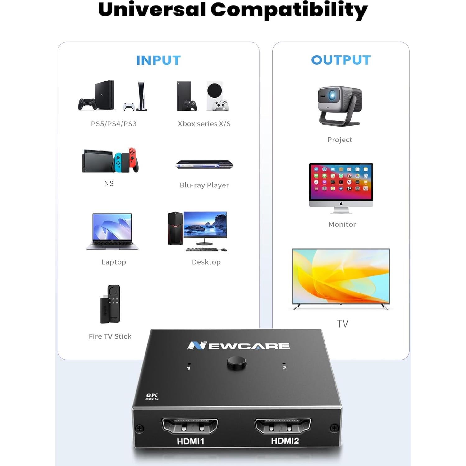 Interruptor HDMI 2 en 1 NEWCARE 8K 60Hz 4K 120Hz Aluminio