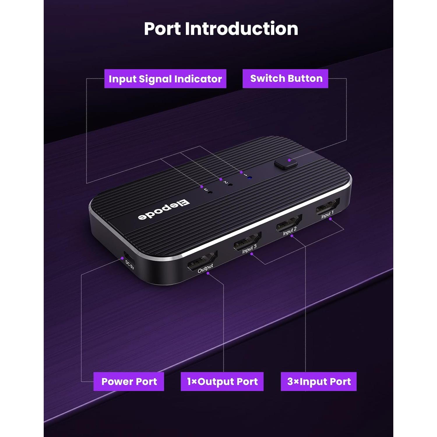 Divisor HDMI 3 en 1 Elepode 4K@60Hz con Control Remoto