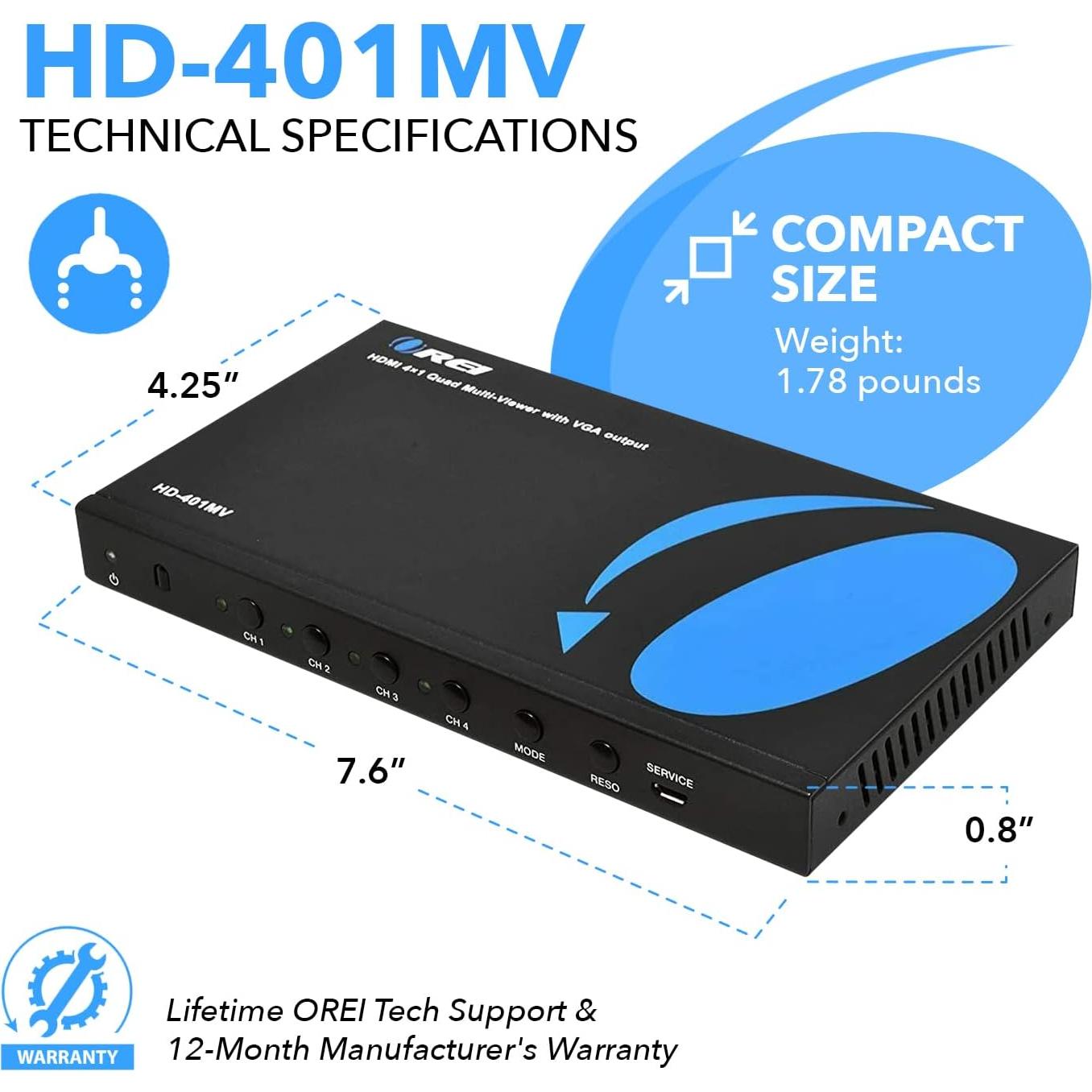 Conmutador HDMI 4 en 1 OREI HD-401MR 1080p Control Remoto