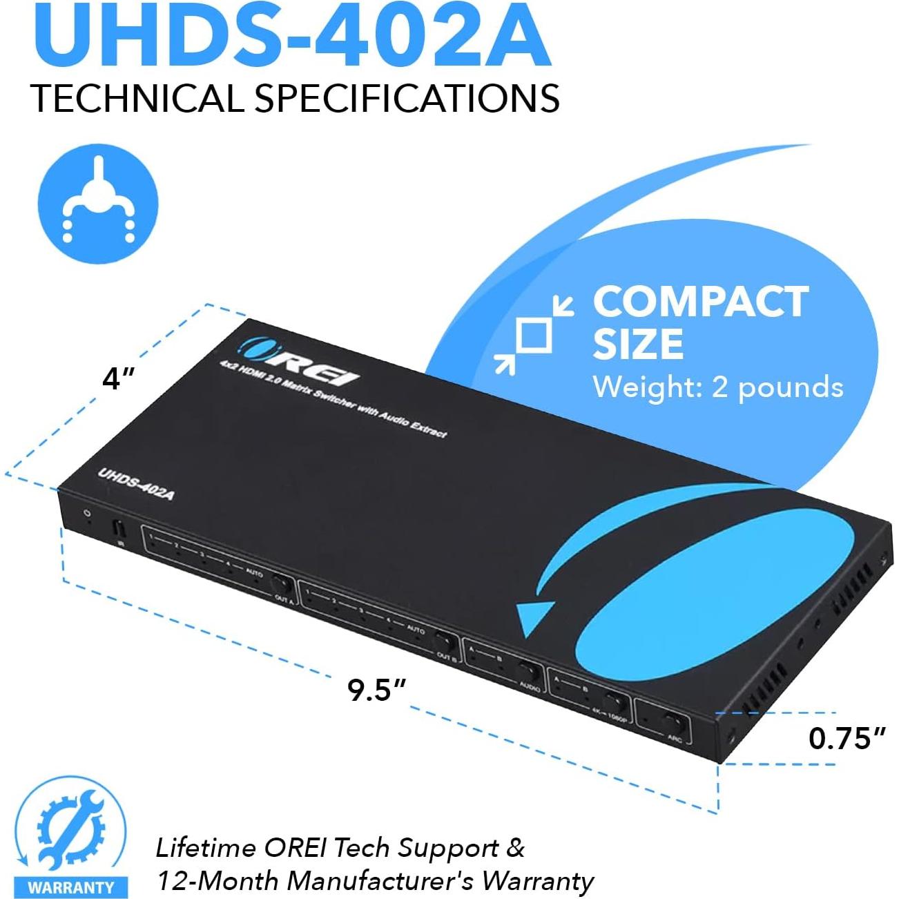 Interruptor HDMI 4x2 OREI UHDS-402A 4K 60Hz con Control Remoto