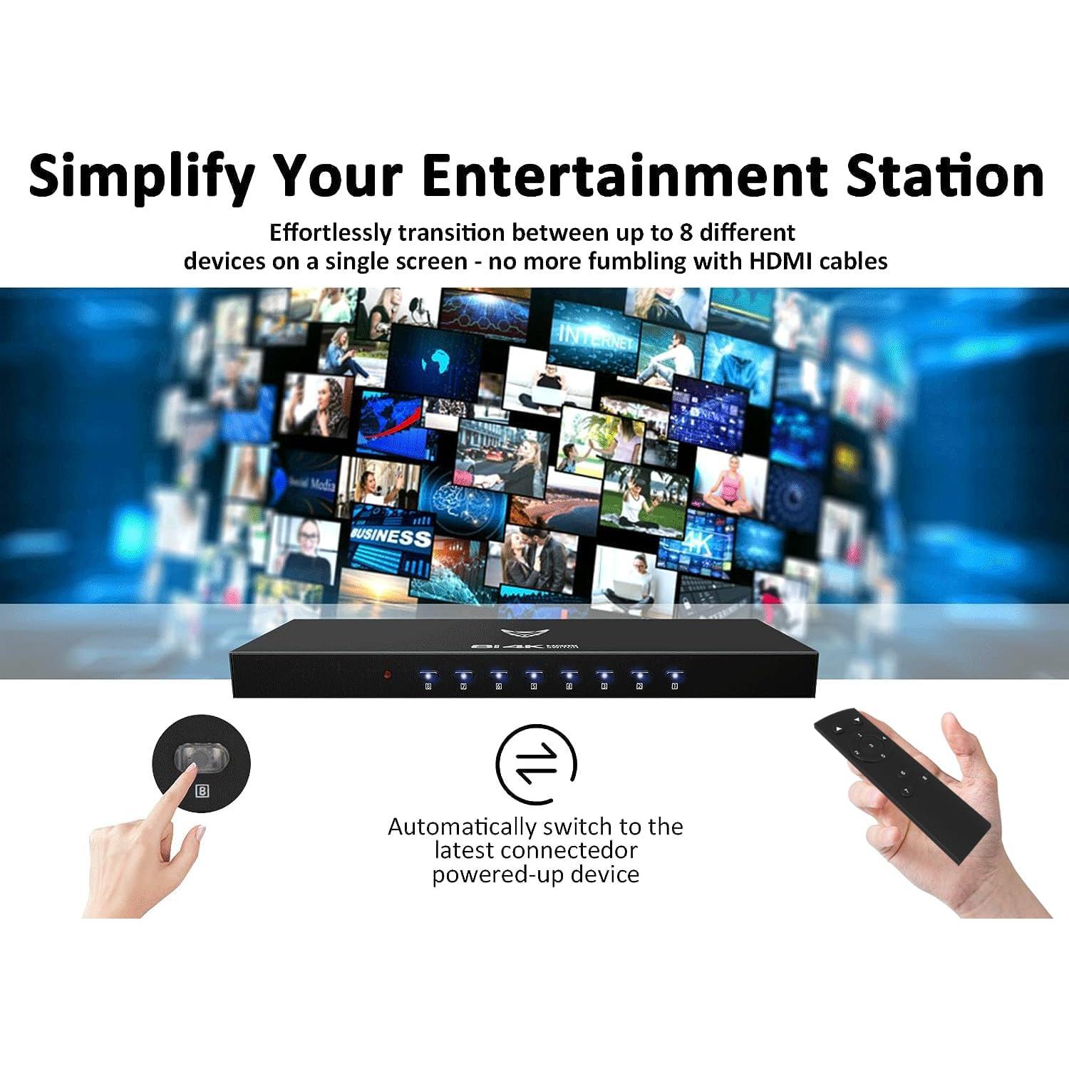 Conmutador HDMI 8 Puertos 4K@30Hz DiamondTiger con Control Remoto