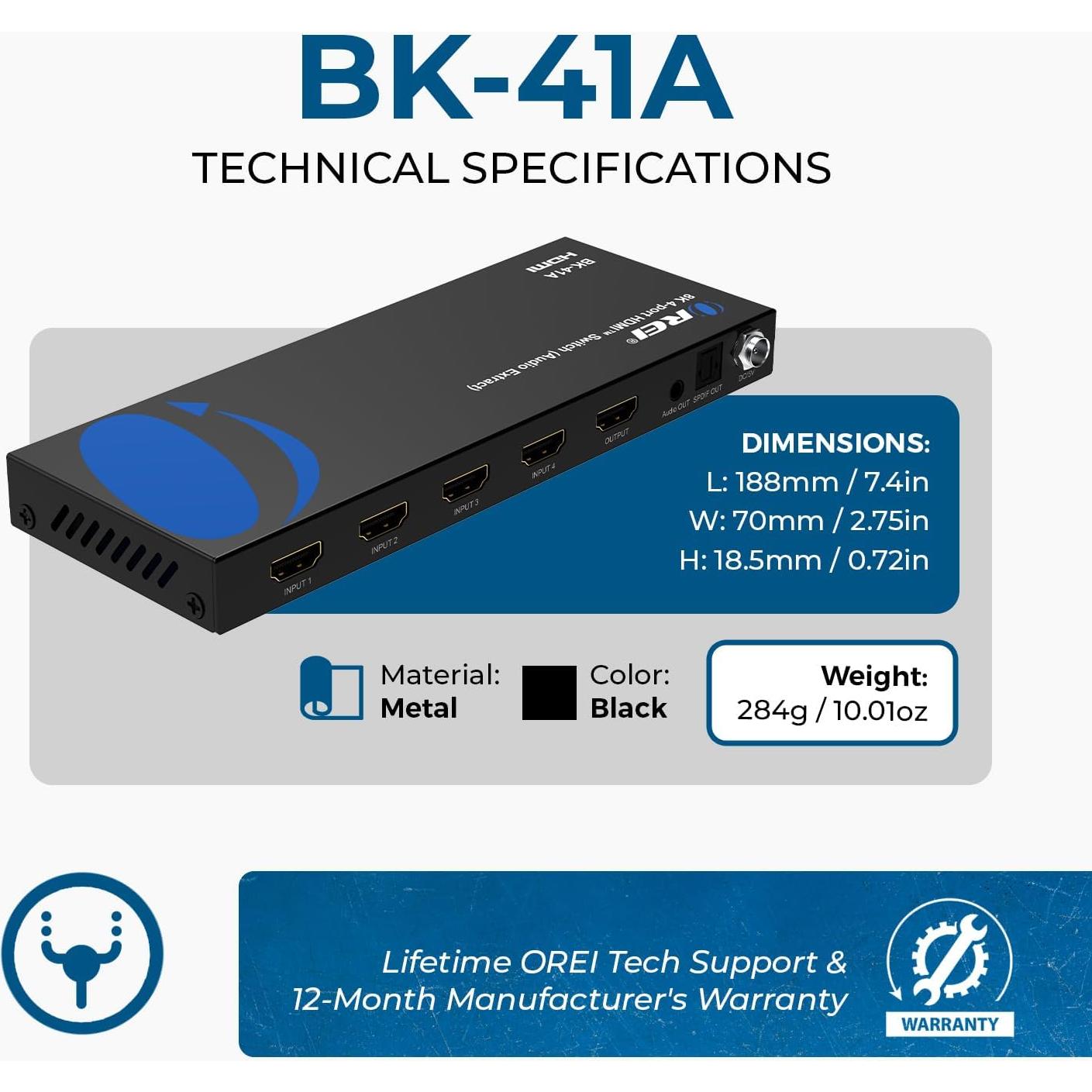 Interruptor HDMI 2.1 OREI BK-41A 4x1 8K 60Hz HDR10+