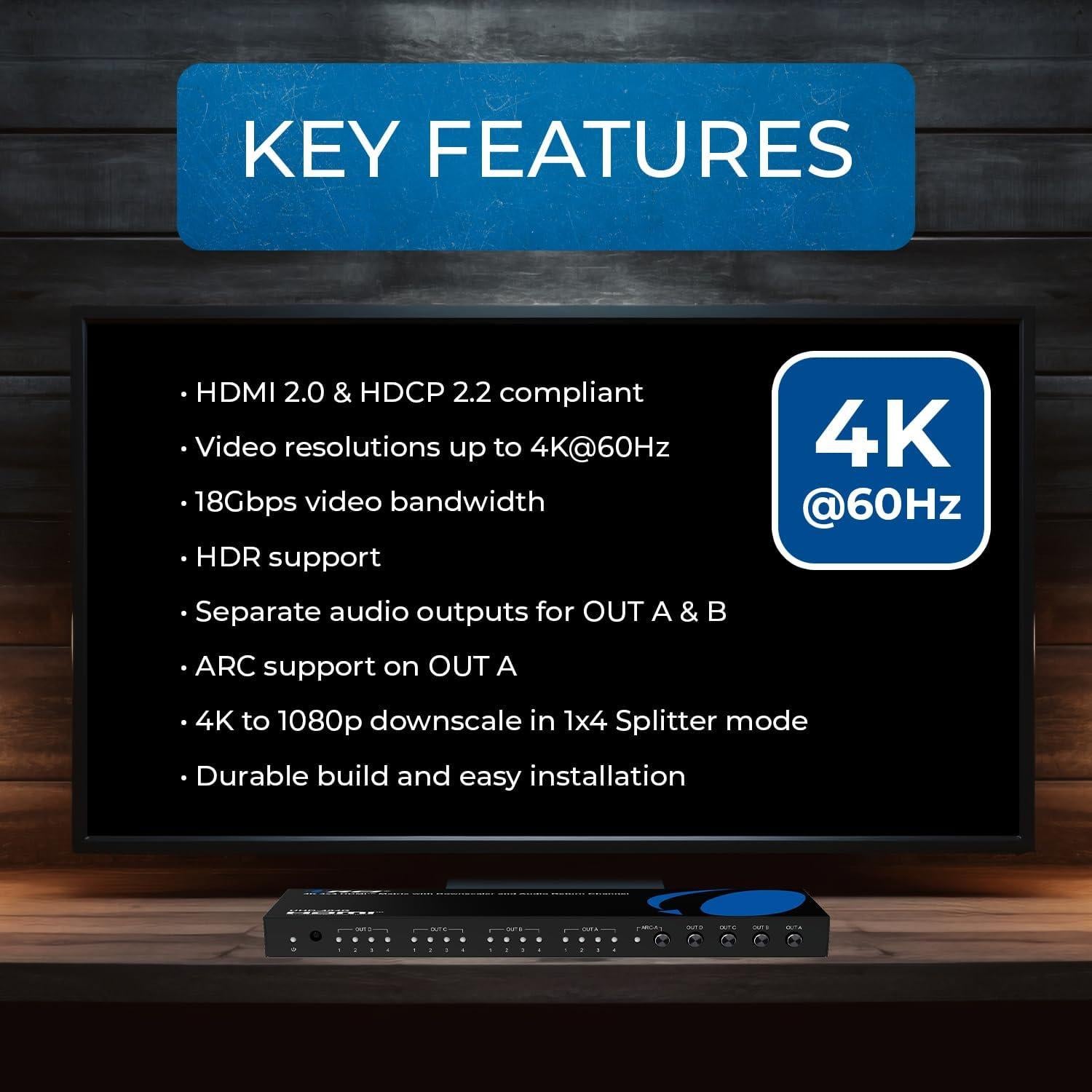 Matriz HDMI 4x4 OREI UHD-404R 4K@60Hz con Control Remoto