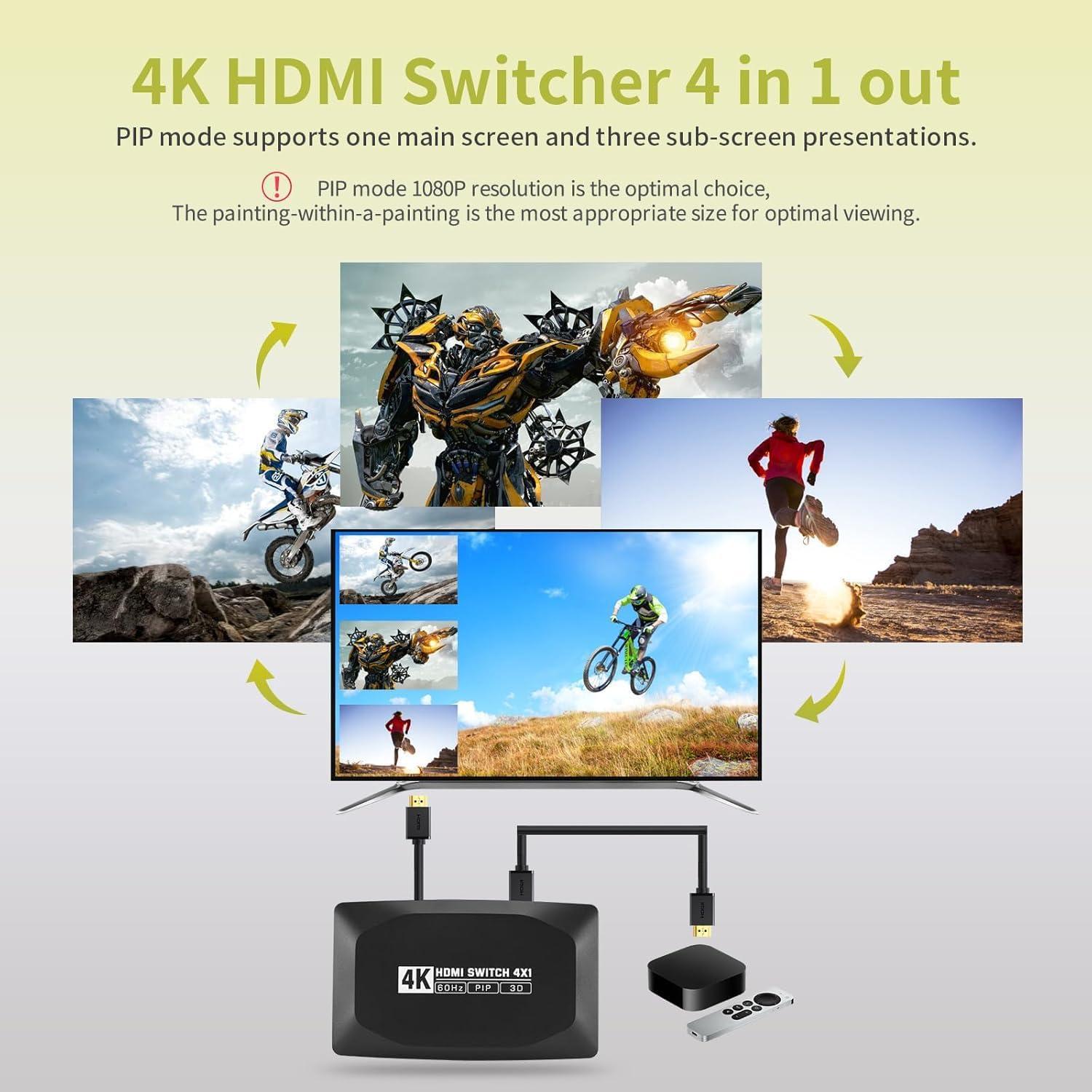 Conmutador HDMI 4 en 1 Tendak 4K con Control Remoto y PIP