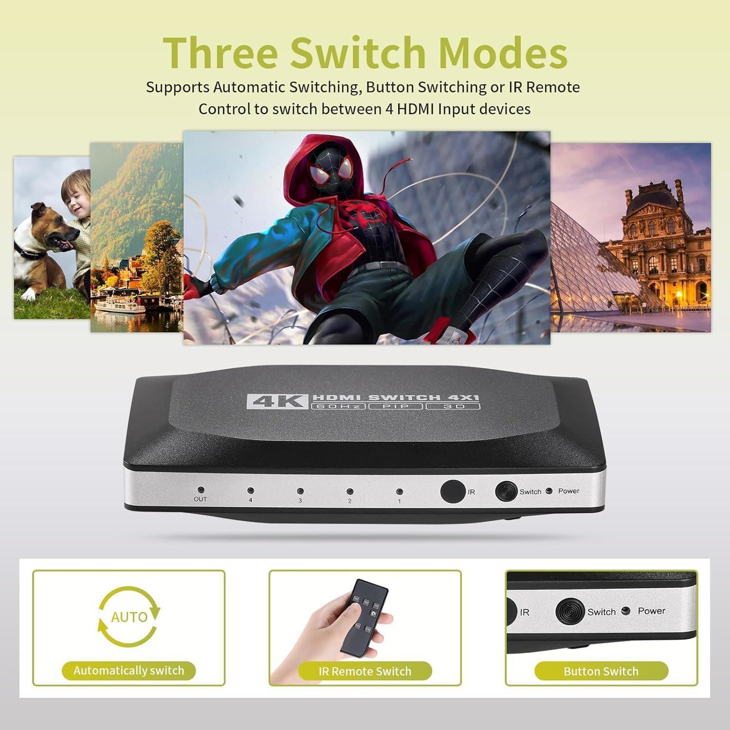 Conmutador HDMI 4 en 1 Tendak 4K con Control Remoto y PIP