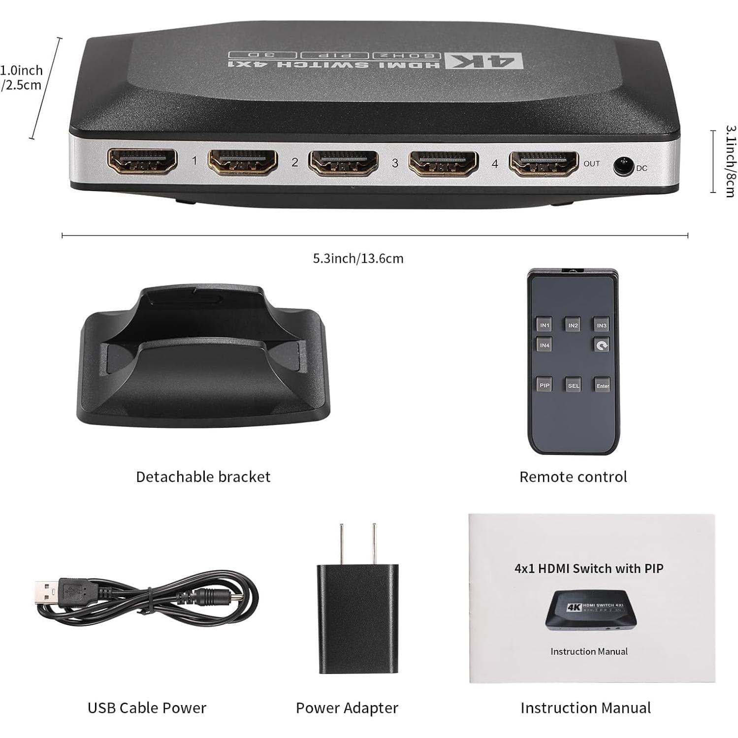 Conmutador HDMI 4 en 1 Tendak 4K con Control Remoto y PIP