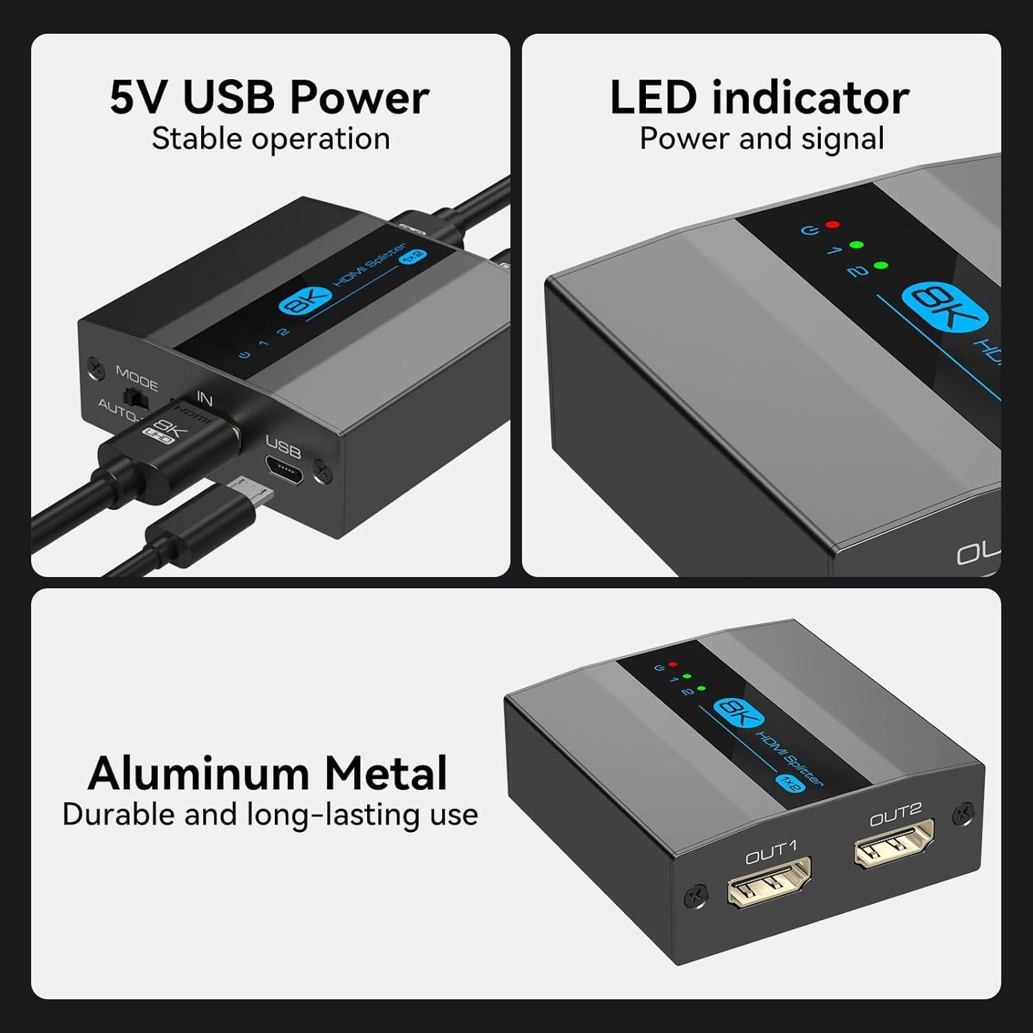 Divisor HDMI 8K 1 entrada 2 salidas FQuanmap 4K 120Hz