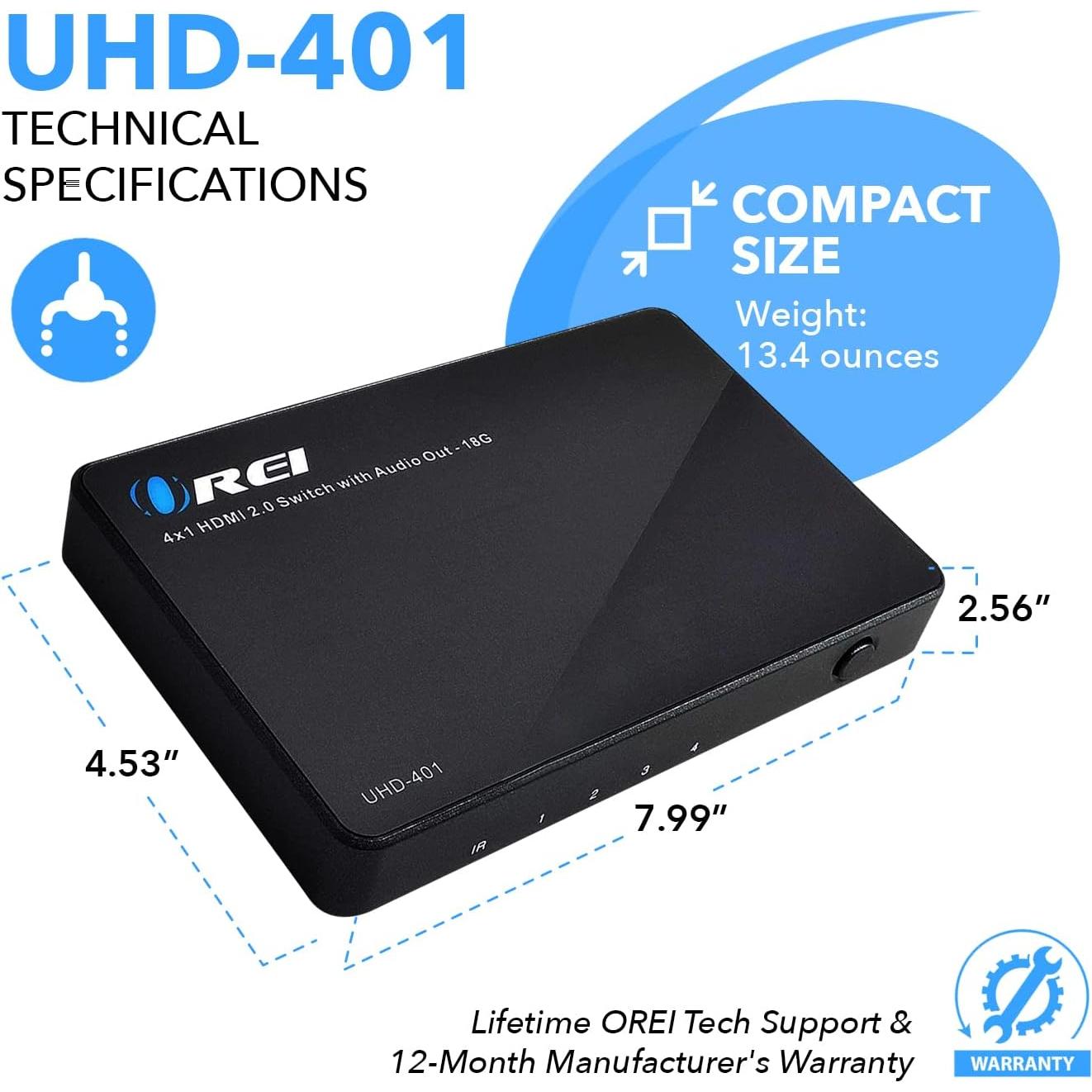 Interruptor HDMI 4x1 OREI UHD-401 con Audio y Control Remoto