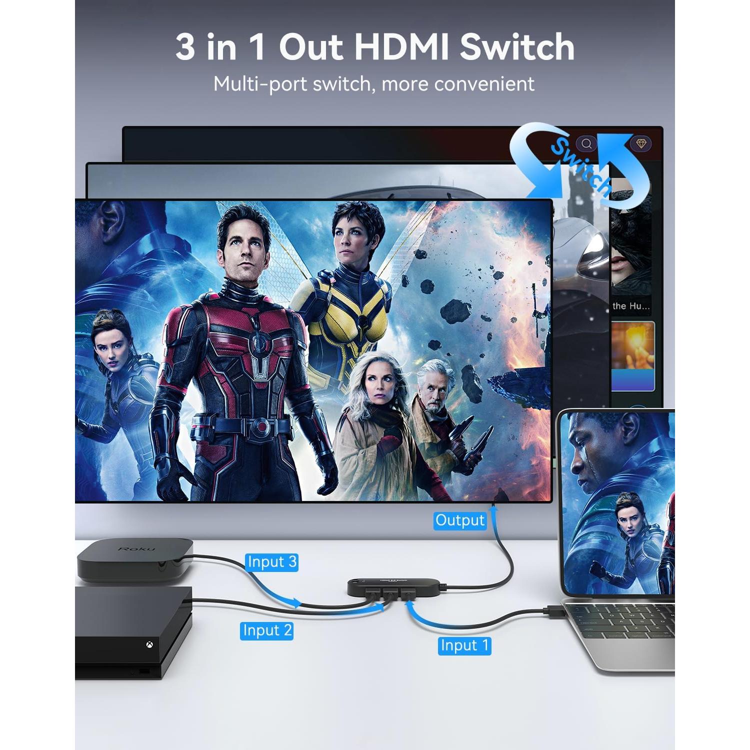 Conmutador HDMI 4K@60Hz Vilcome 3 en 1 para TV y Gaming