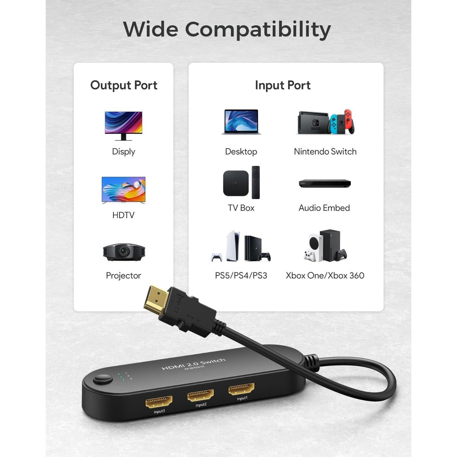 Conmutador HDMI 4K@60Hz Vilcome 3 en 1 para TV y Gaming