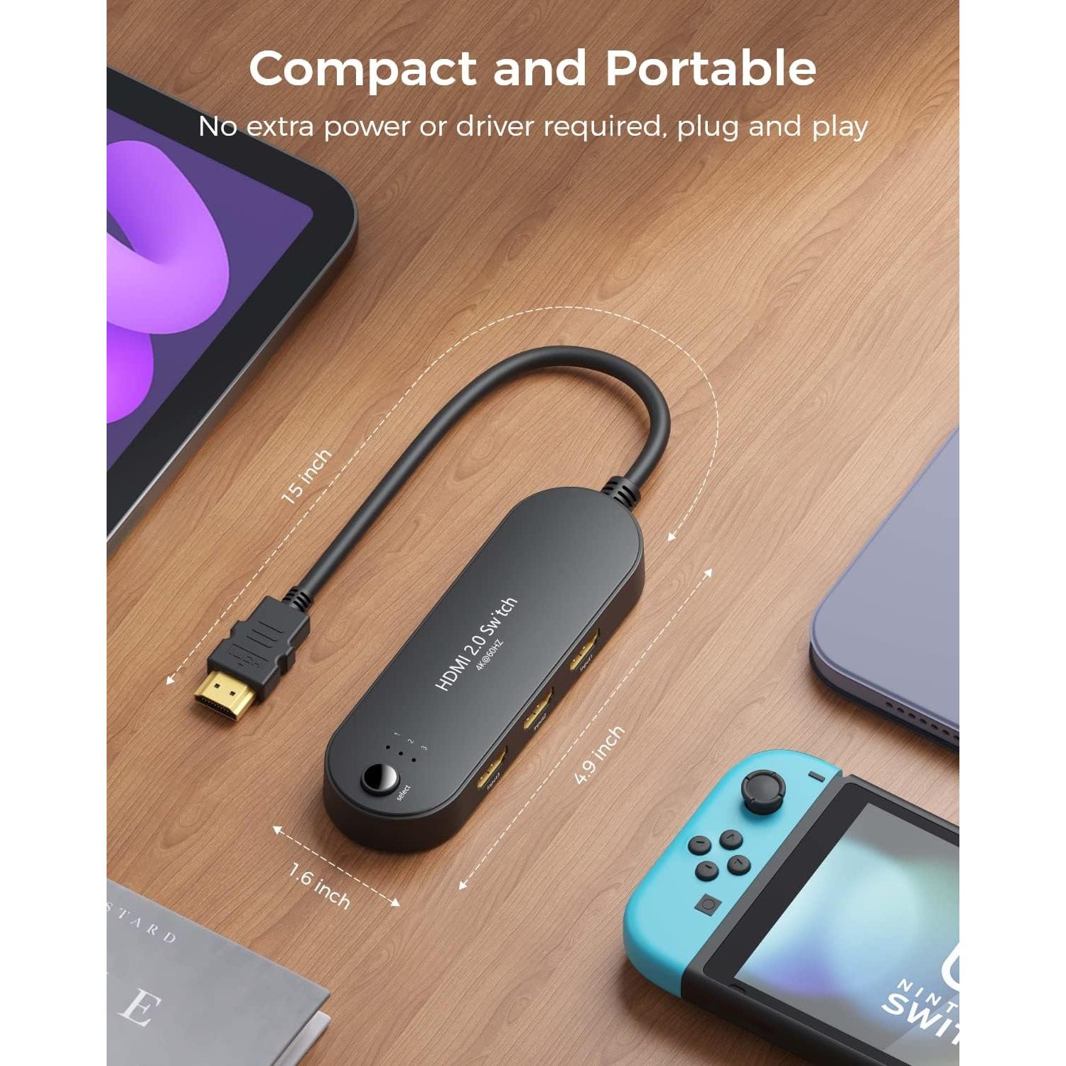 Conmutador HDMI 4K@60Hz Vilcome 3 en 1 para TV y Gaming