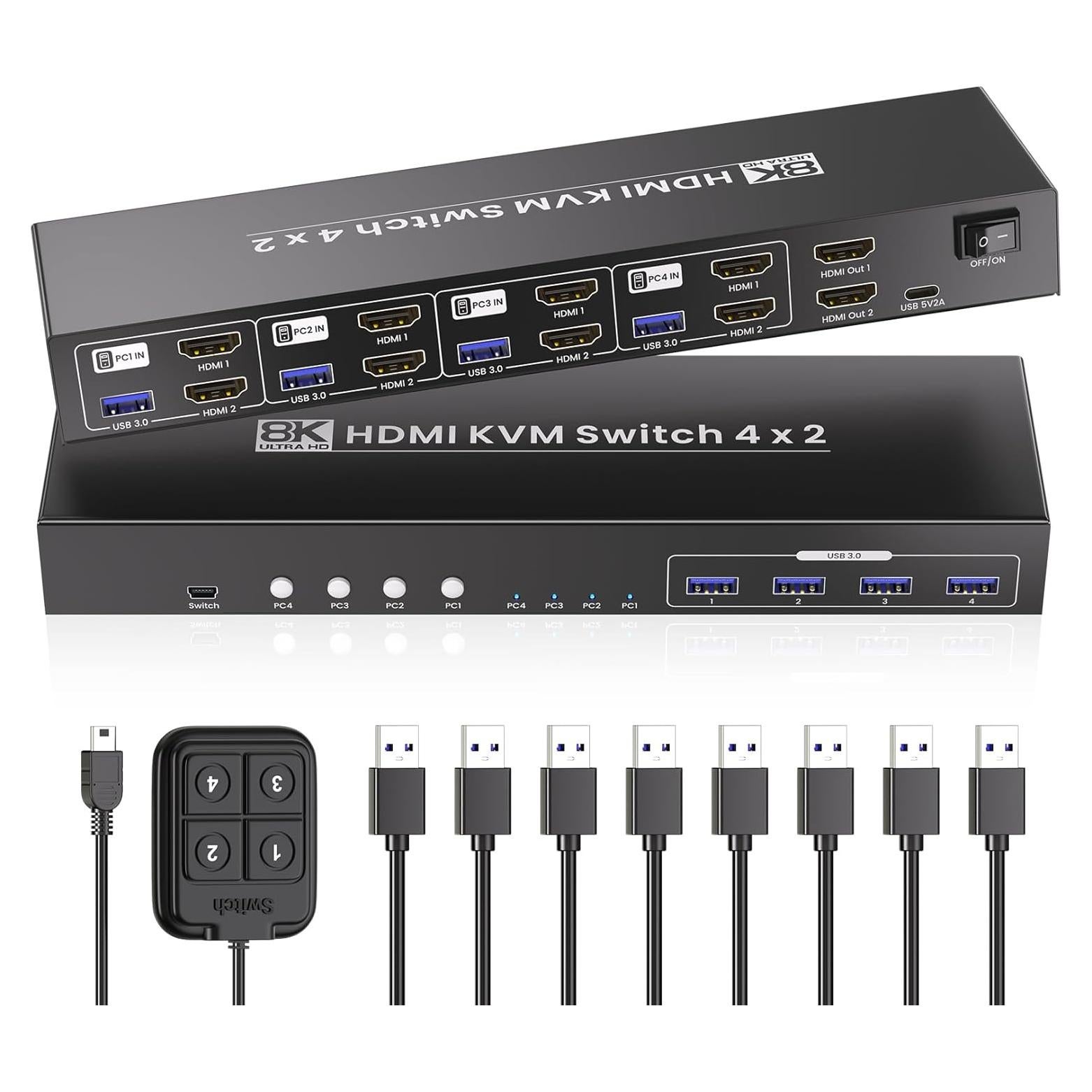 Interruptor KVM HDMI 8K 4 Puertos Bcrokory para 2 Monitores