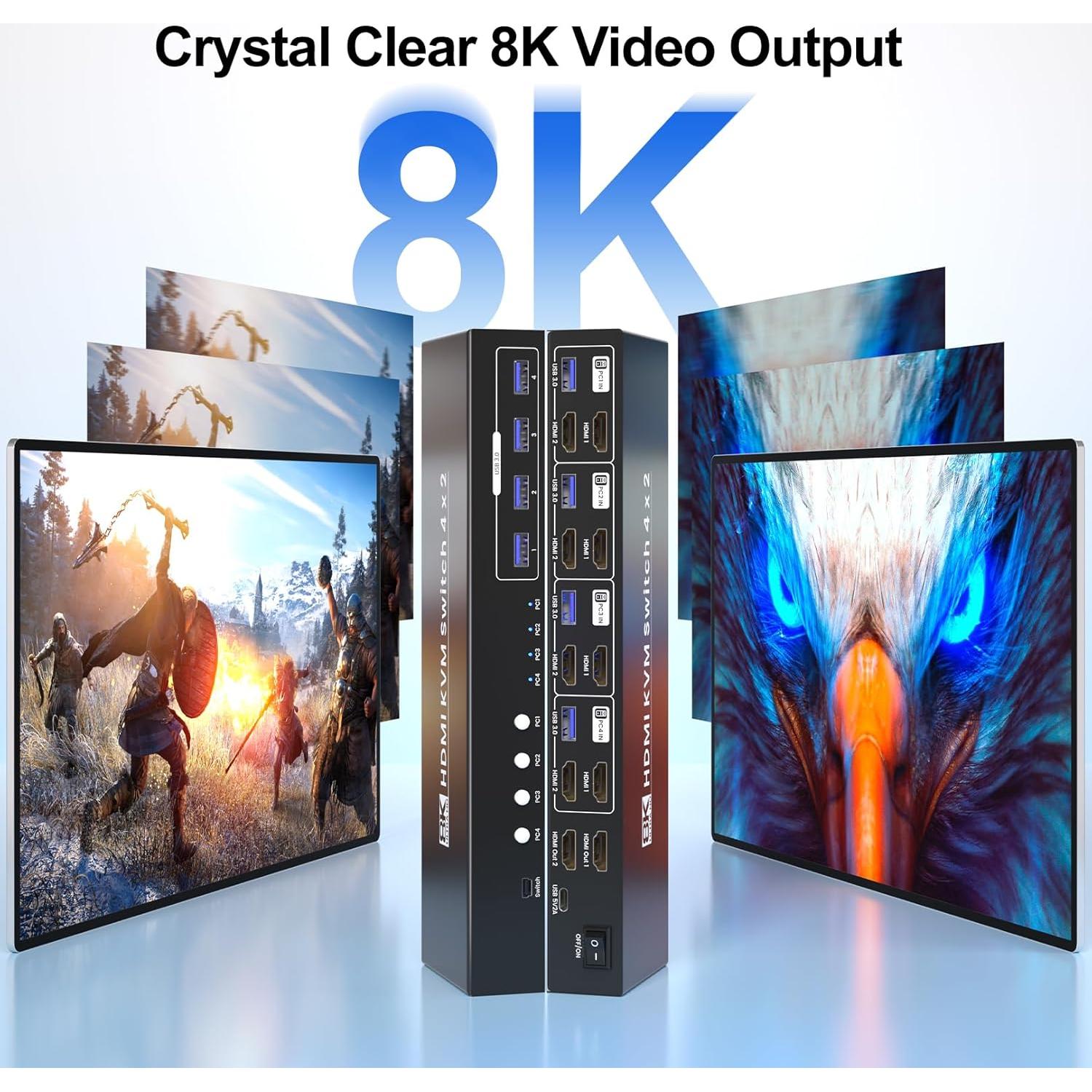 Interruptor KVM HDMI 8K 4 Puertos Bcrokory para 2 Monitores