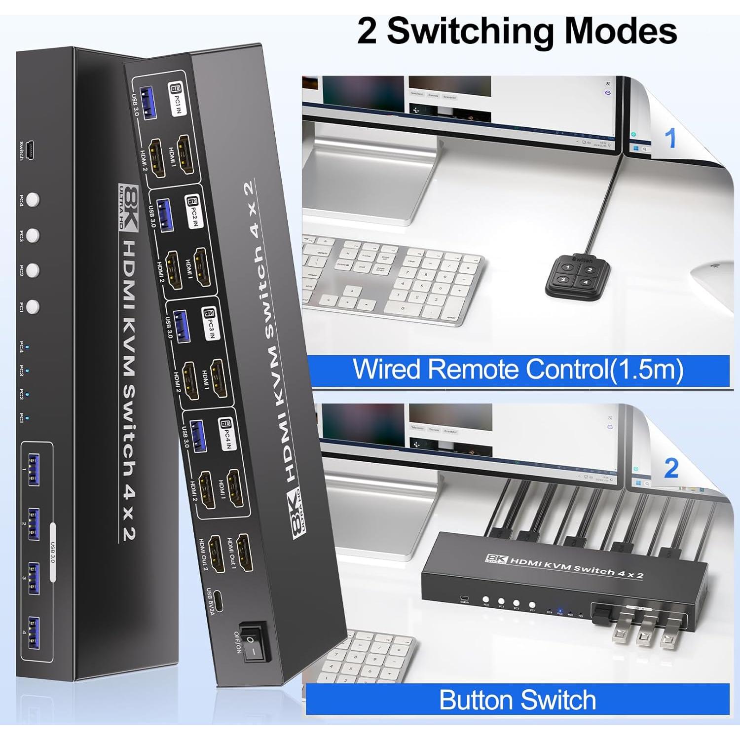 Interruptor KVM HDMI 8K 4 Puertos Bcrokory para 2 Monitores