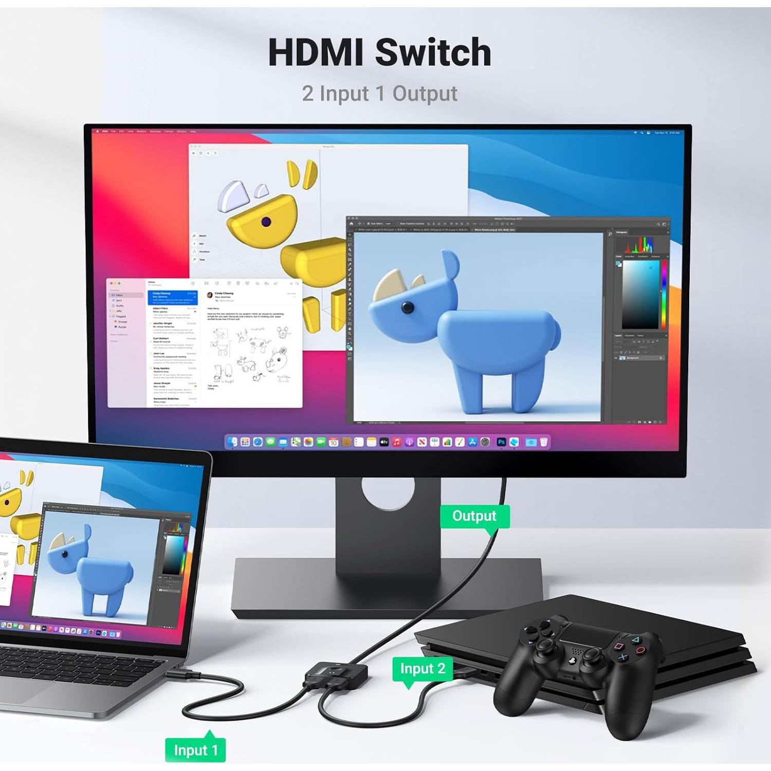 Interruptor HDMI UGREEN 4K@60Hz 2 en 1 con Cable 1m