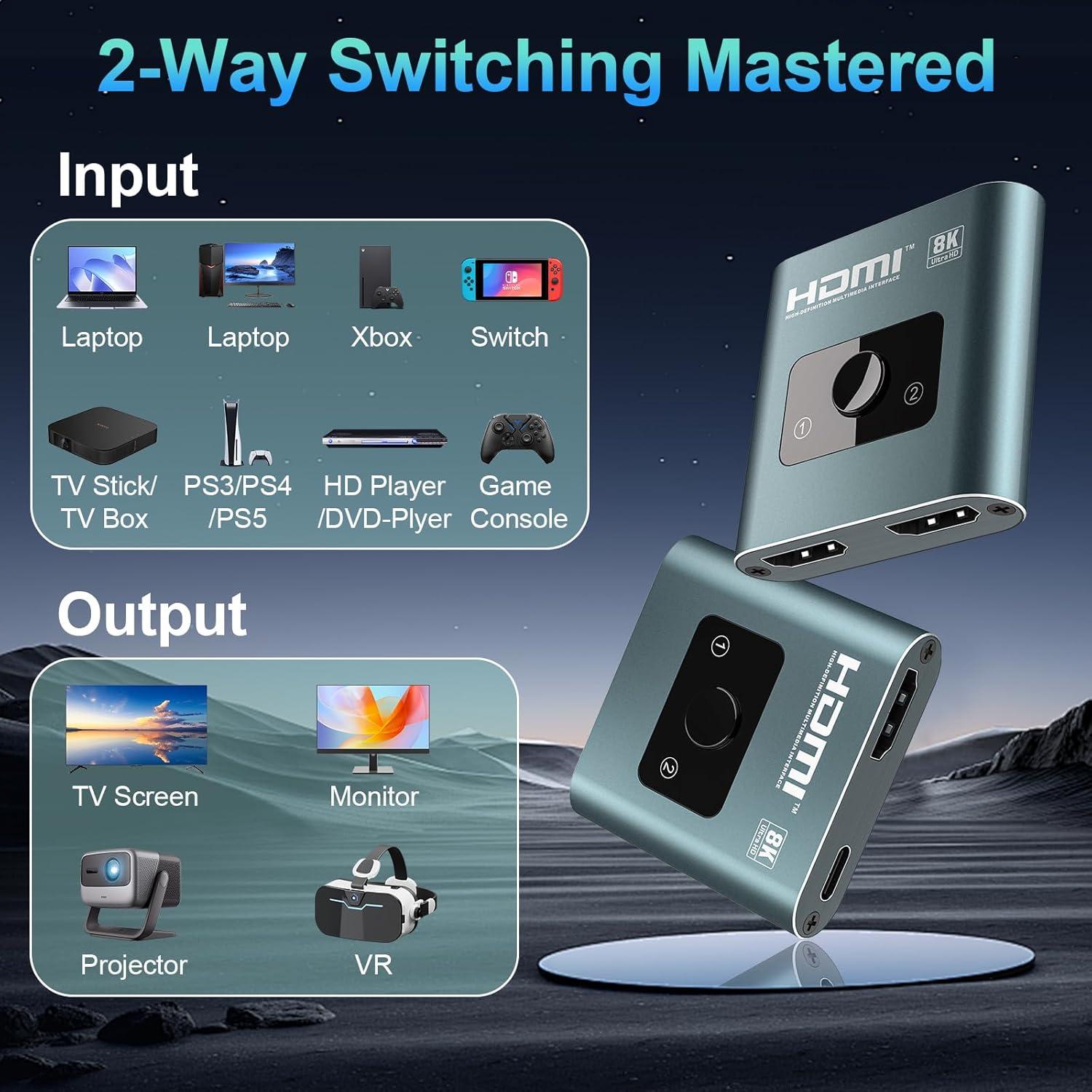 Conmutador HDMI 2-en-1 4K 120Hz Aluminio 8K 60Hz PS5 Xbox