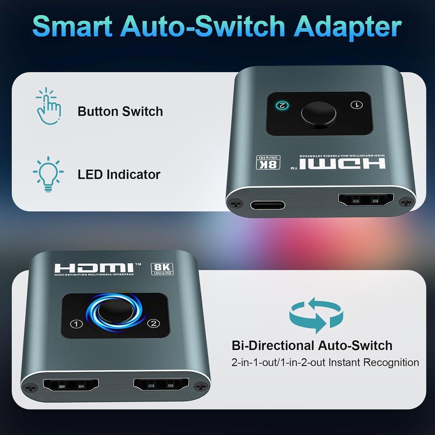 Conmutador HDMI 2-en-1 4K 120Hz Aluminio 8K 60Hz PS5 Xbox