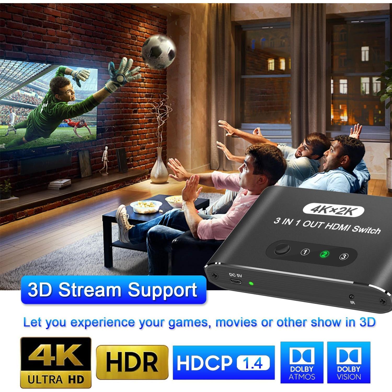 Conmutador HDMI 3 en 1 AUKOKIOULA 4K@30Hz Control Remoto