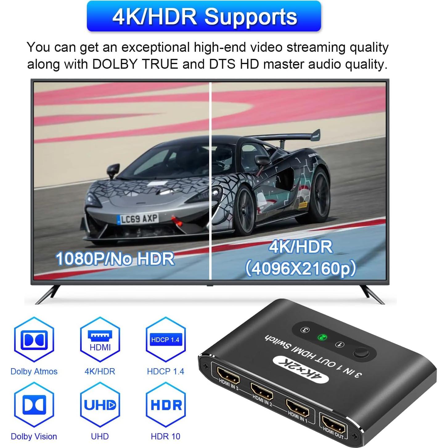 Conmutador HDMI 3 en 1 AUKOKIOULA 4K@30Hz Control Remoto