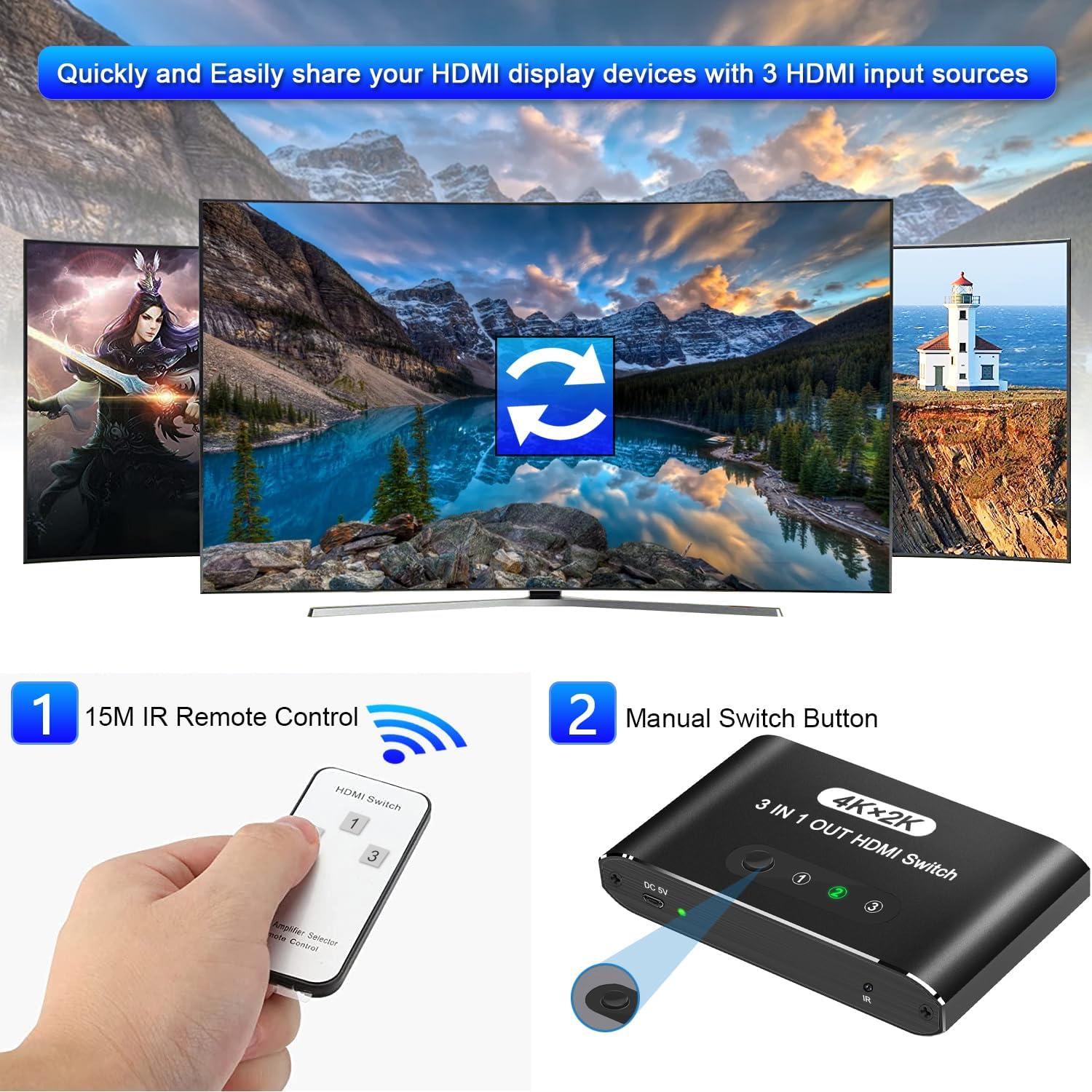 Conmutador HDMI 3 en 1 AUKOKIOULA 4K@30Hz Control Remoto