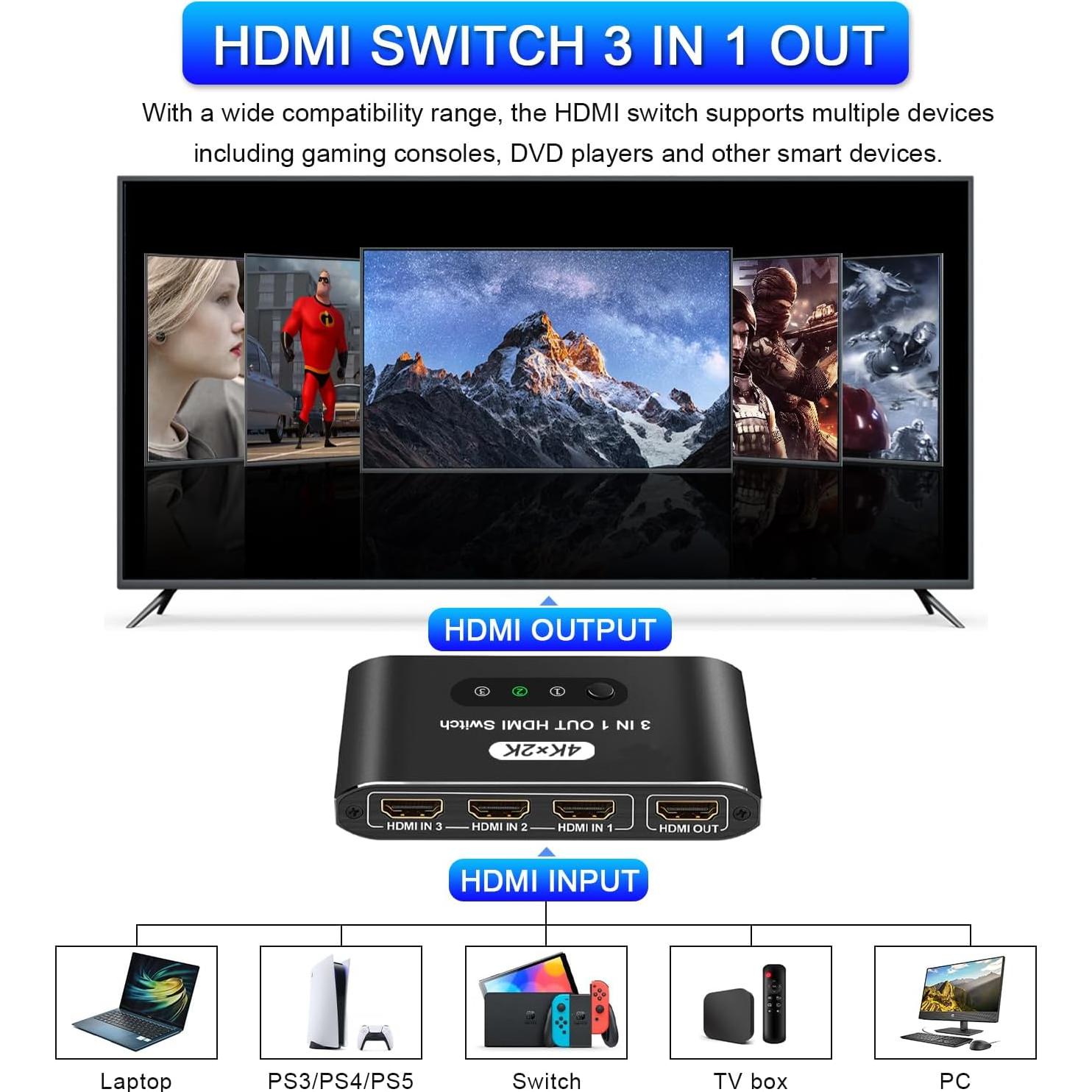 Conmutador HDMI 3 en 1 AUKOKIOULA 4K@30Hz Control Remoto