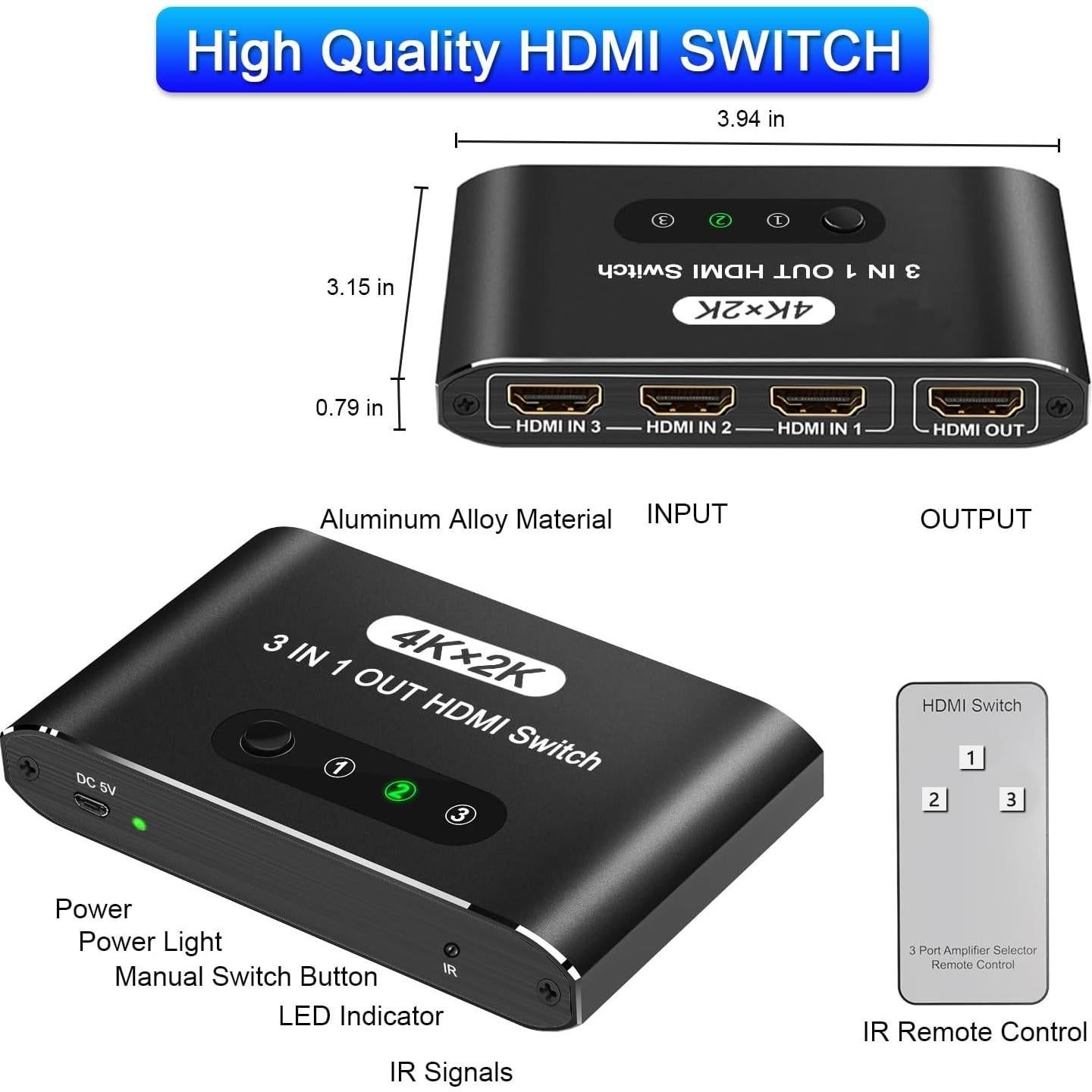 Conmutador HDMI 3 en 1 AUKOKIOULA 4K@30Hz Control Remoto