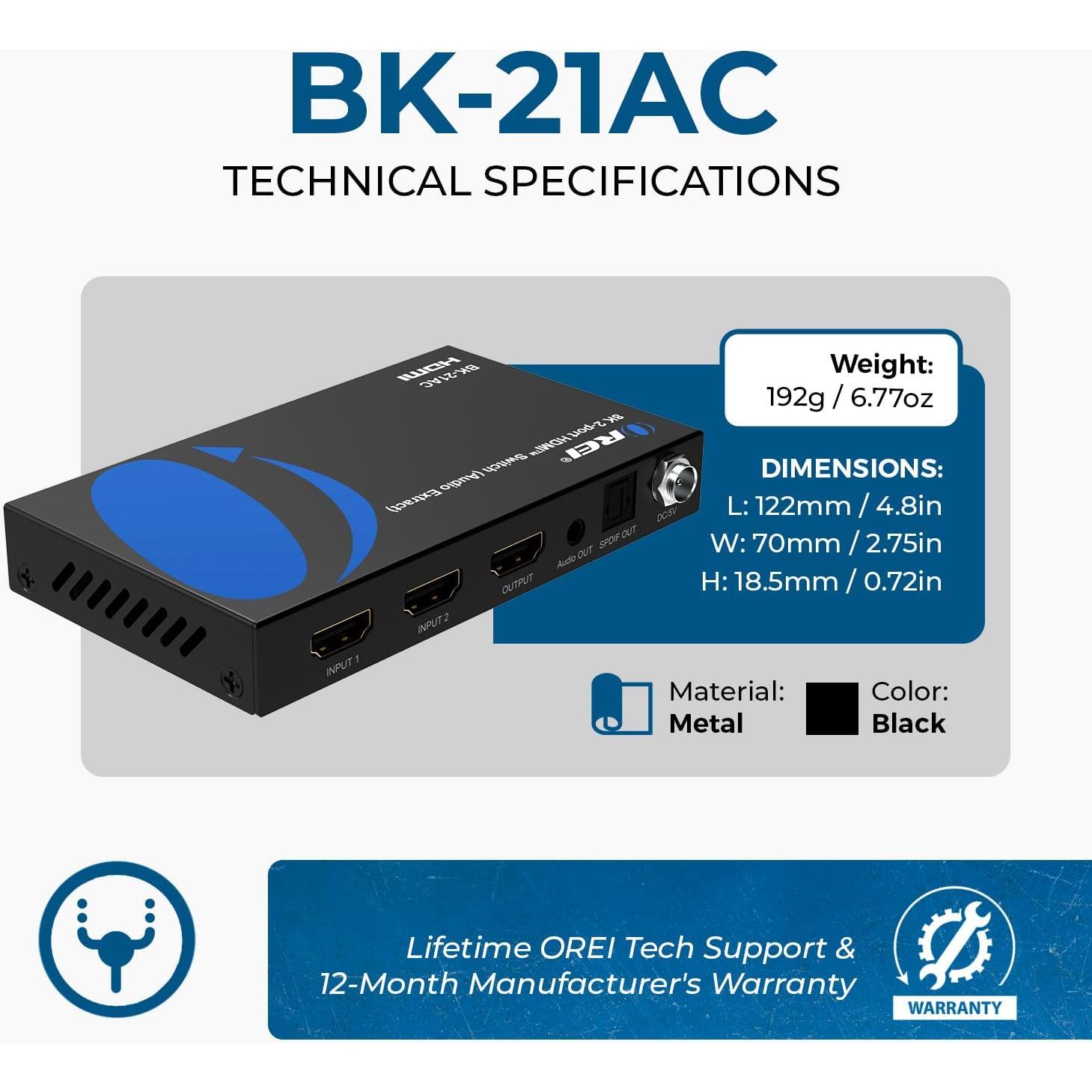 Interruptor HDMI 2.1 OREI BK-21AC 8K 60Hz 4K 120Hz HDR10+