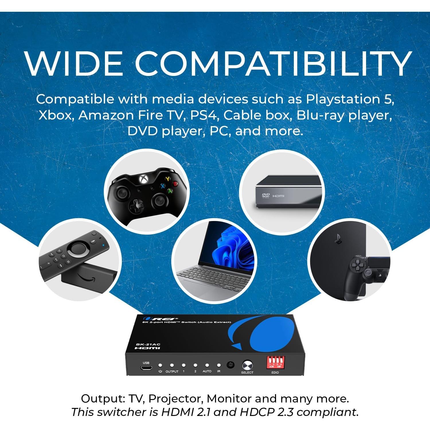 Interruptor HDMI 2.1 OREI BK-21AC 8K 60Hz 4K 120Hz HDR10+