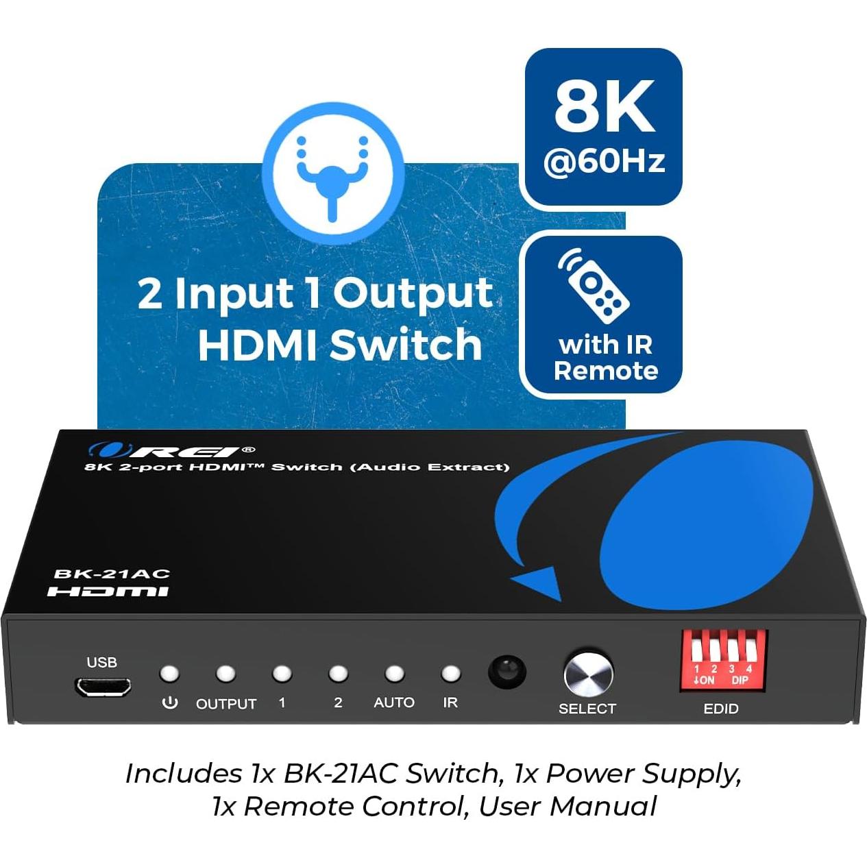 Interruptor HDMI 2.1 OREI BK-21AC 8K 60Hz 4K 120Hz HDR10+