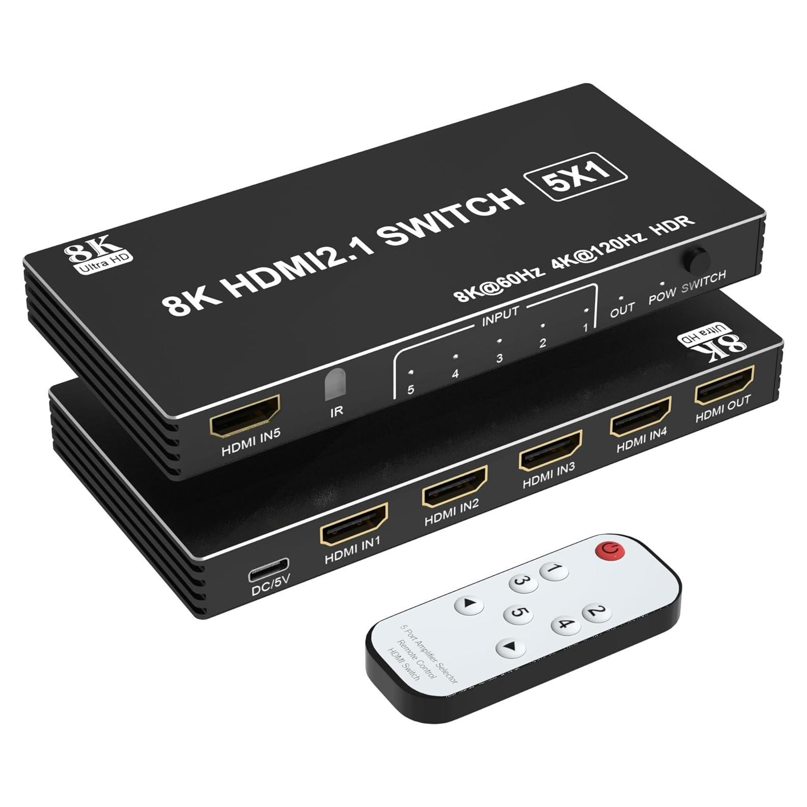 Conmutador HDMI 2.1 5 en 1 Arleedyn 8K 60Hz con Control Remoto