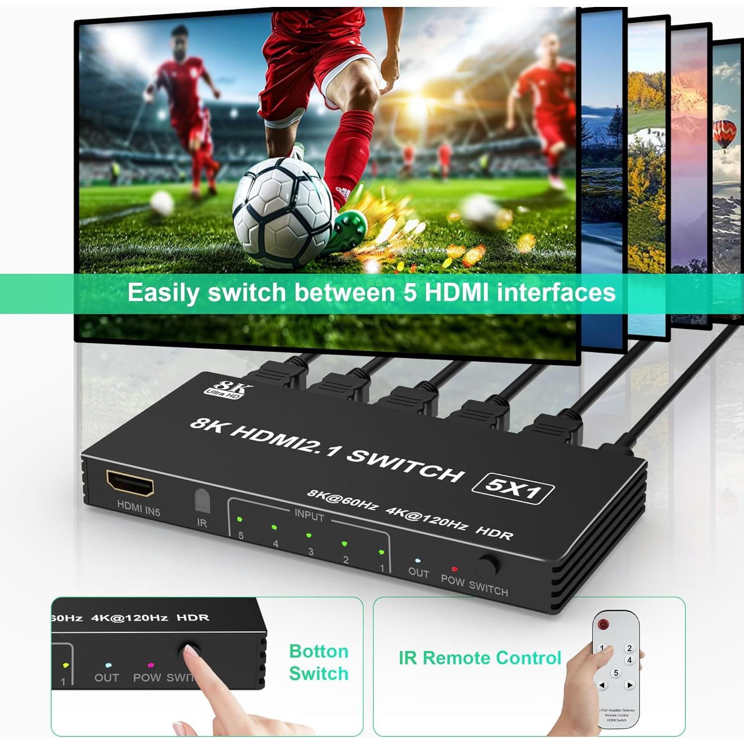 Conmutador HDMI 2.1 5 en 1 Arleedyn 8K 60Hz con Control Remoto