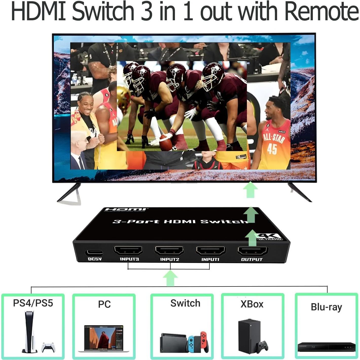 Switch HDMI 3 en 1 Ultra HD 4K 30Hz con Control Remoto