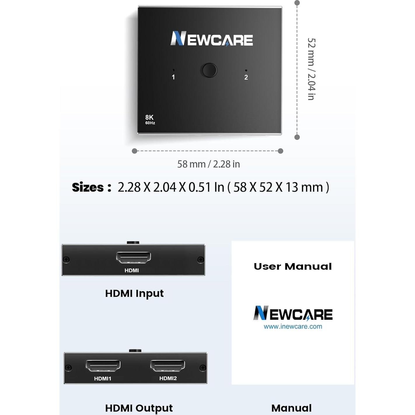 Conmutador HDMI 8K 2 en 1 NEWCARE, 4K@120Hz, 48 Gbps
